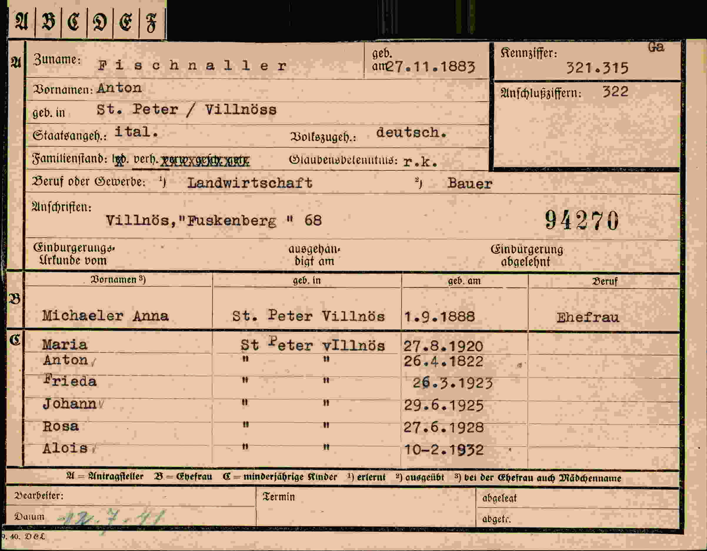 Dokument für Anton Fischnaller