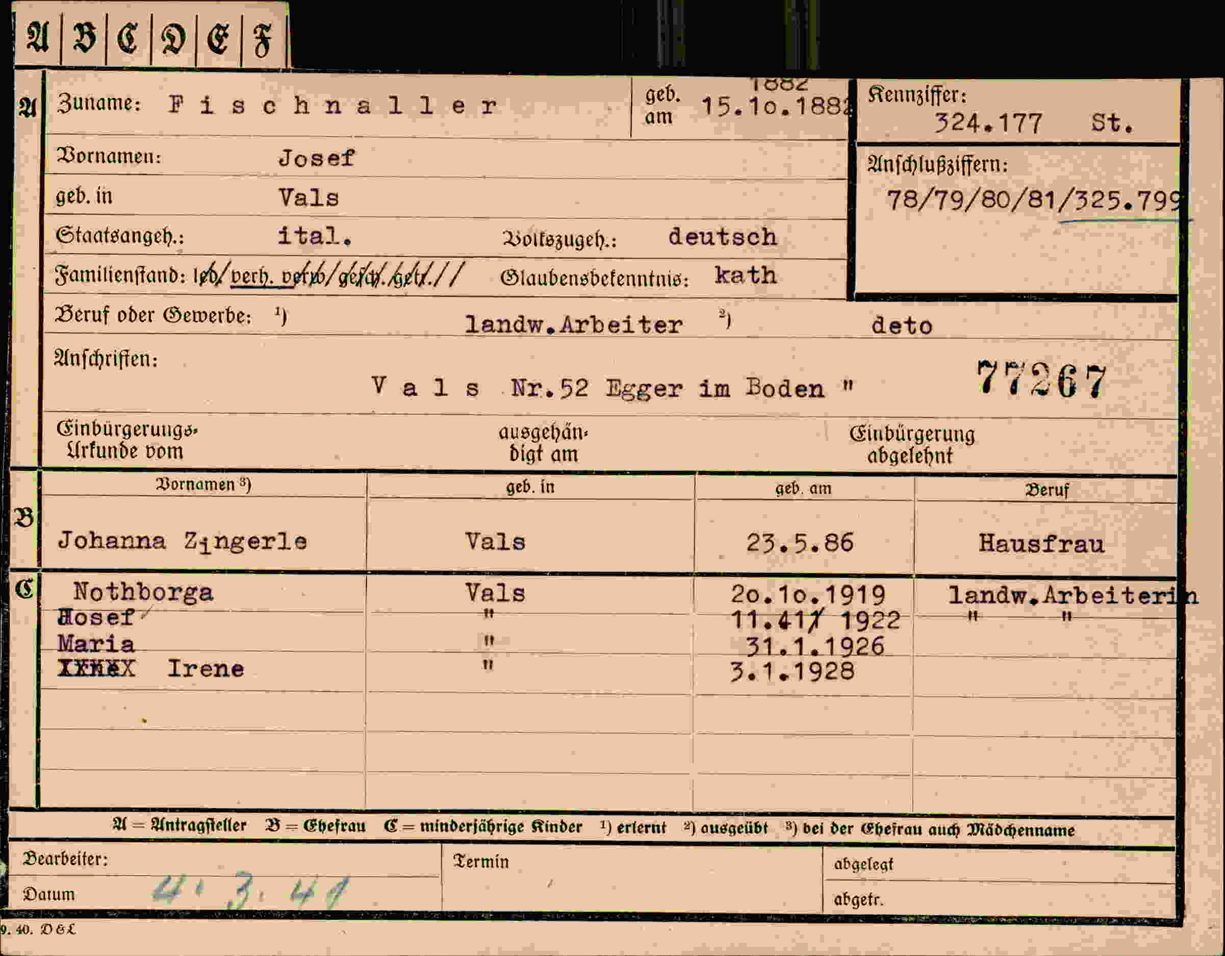Dokument für Josef Fischnaller