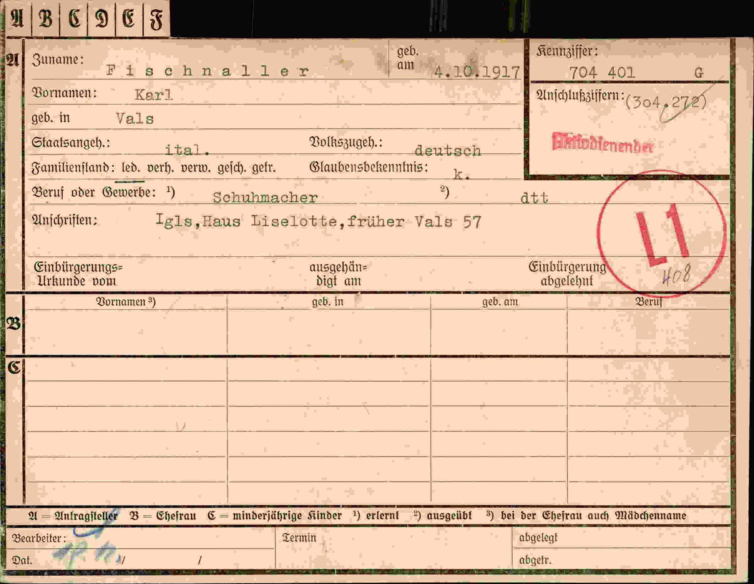 Dokument für Karl Fischnaller