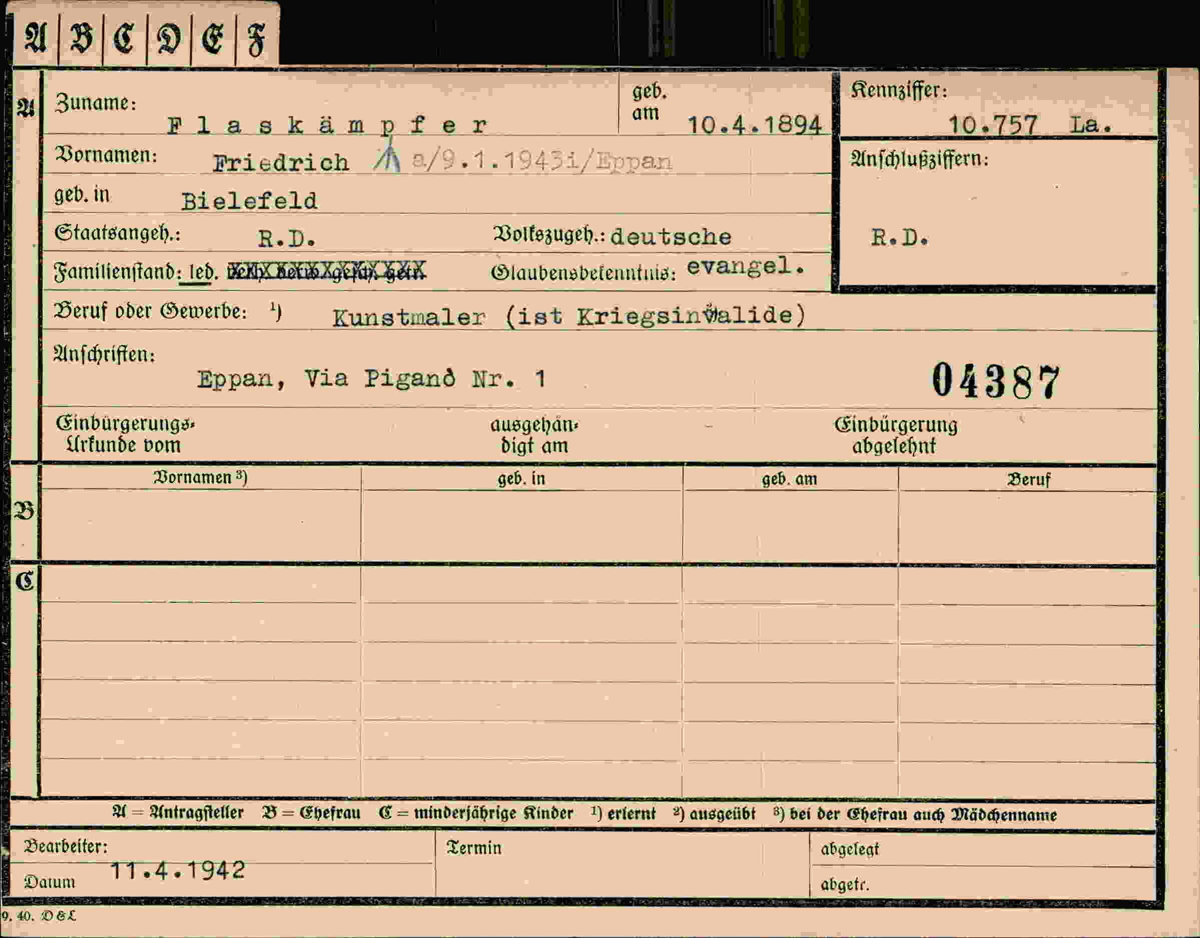 Dokument für Friedrich Flaskämpfer