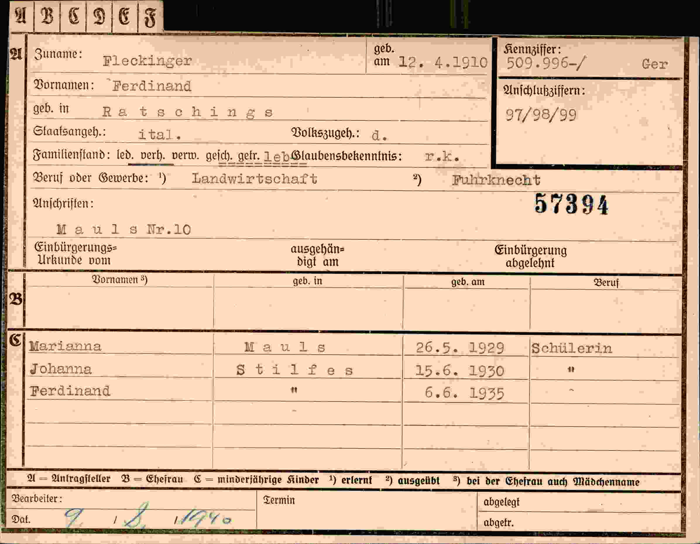 Dokument für Ferdinand Fleckinger