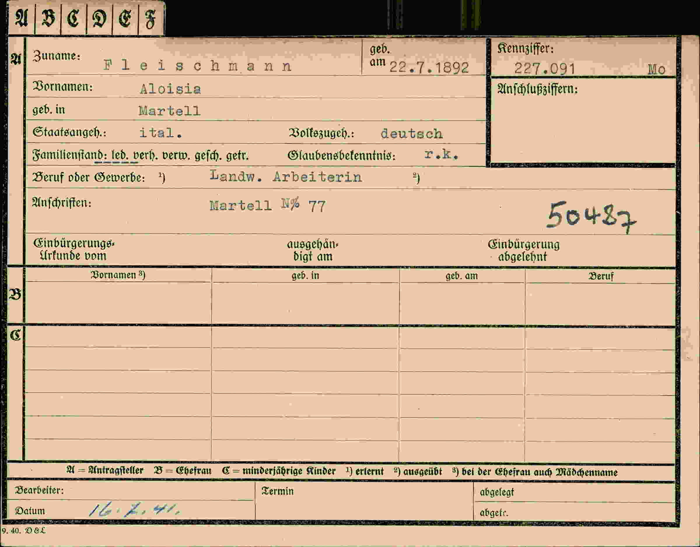 Dokument für Aloisia Fleischmann