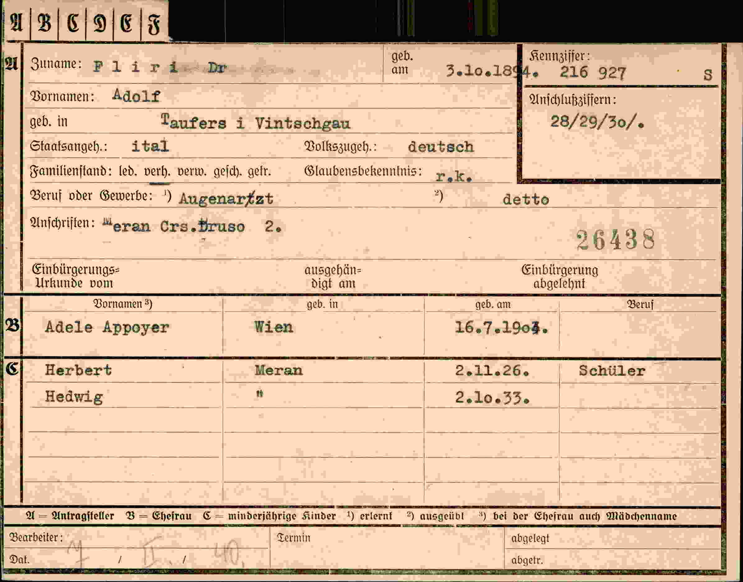Dokument für Adolf Fliri