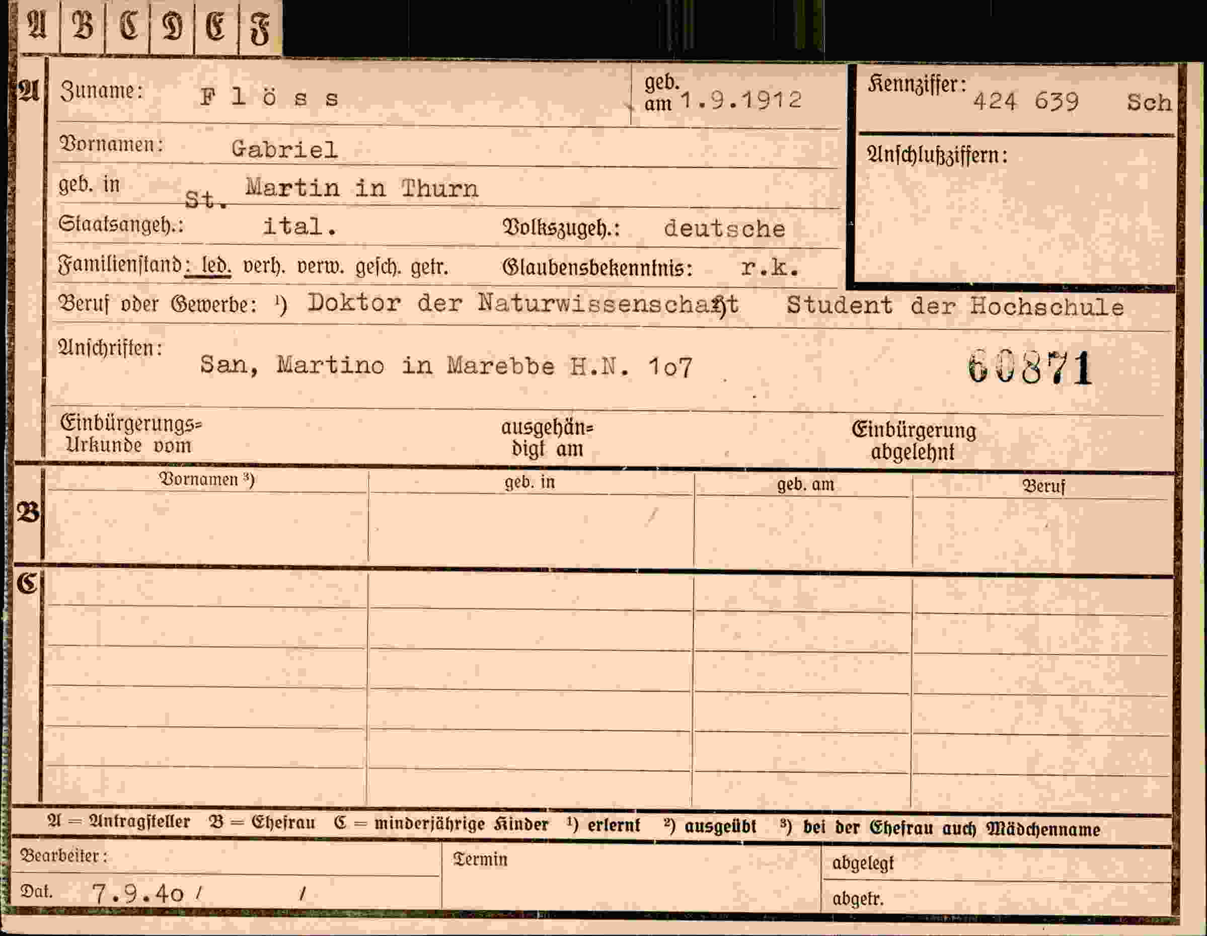 Dokument für Gabriel Flöss