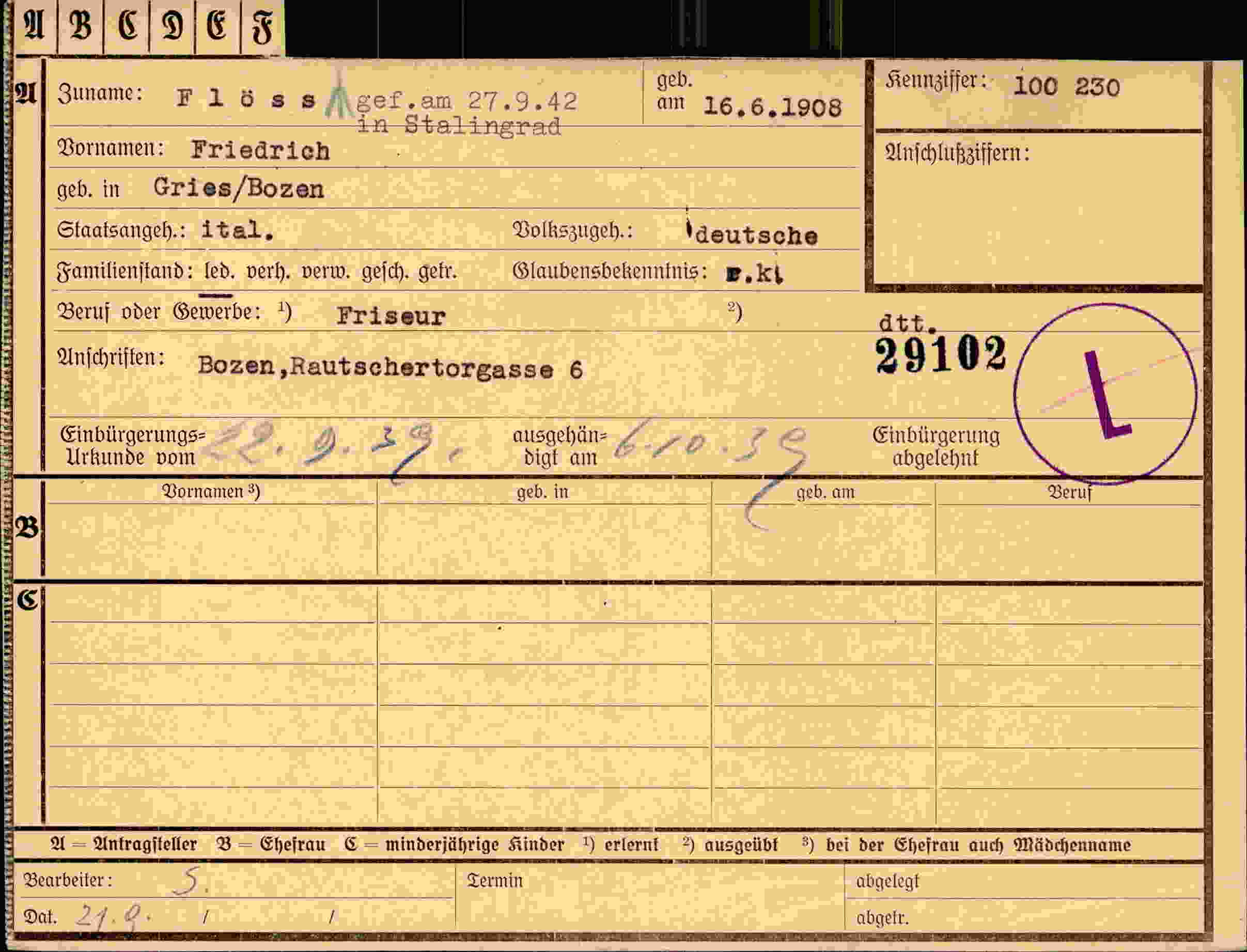 Dokument für Friedrich FlössAgef