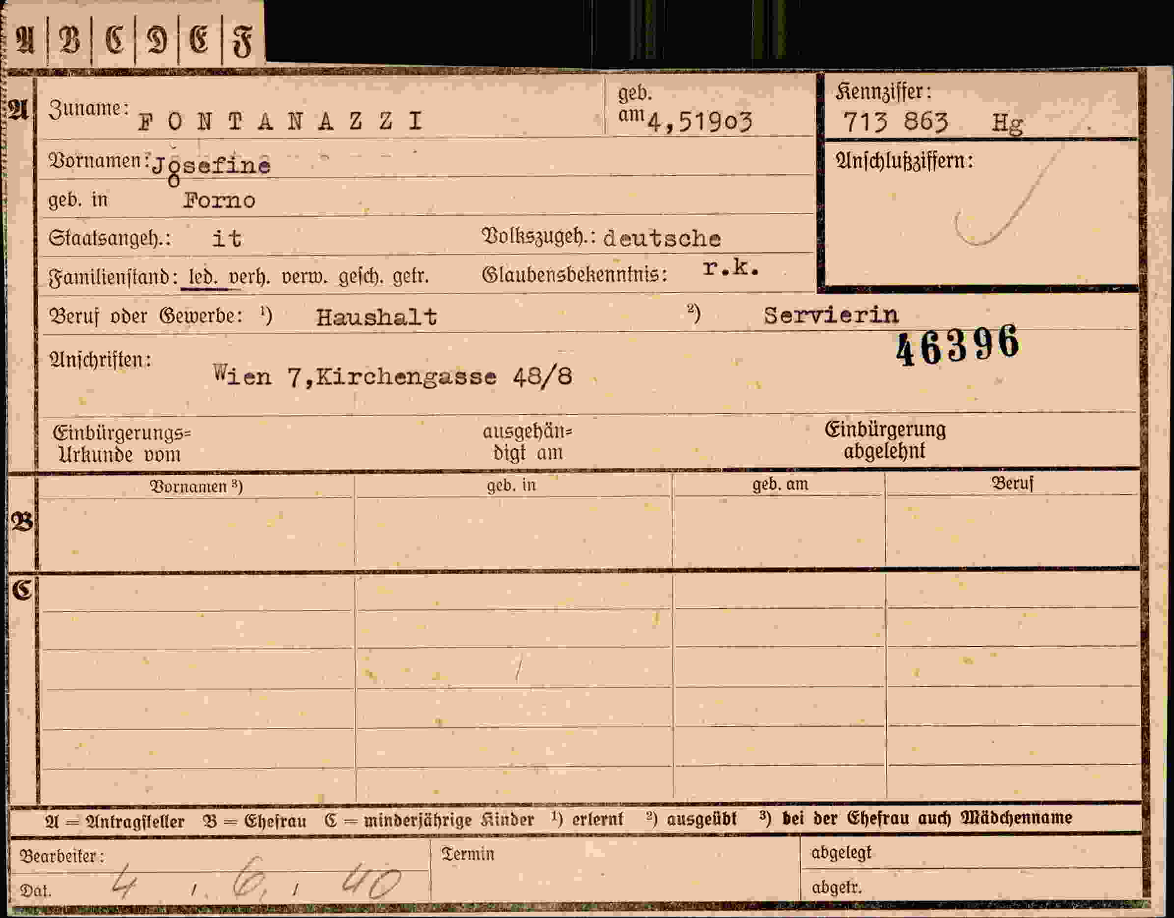 Dokument für Josefine Fontananz I