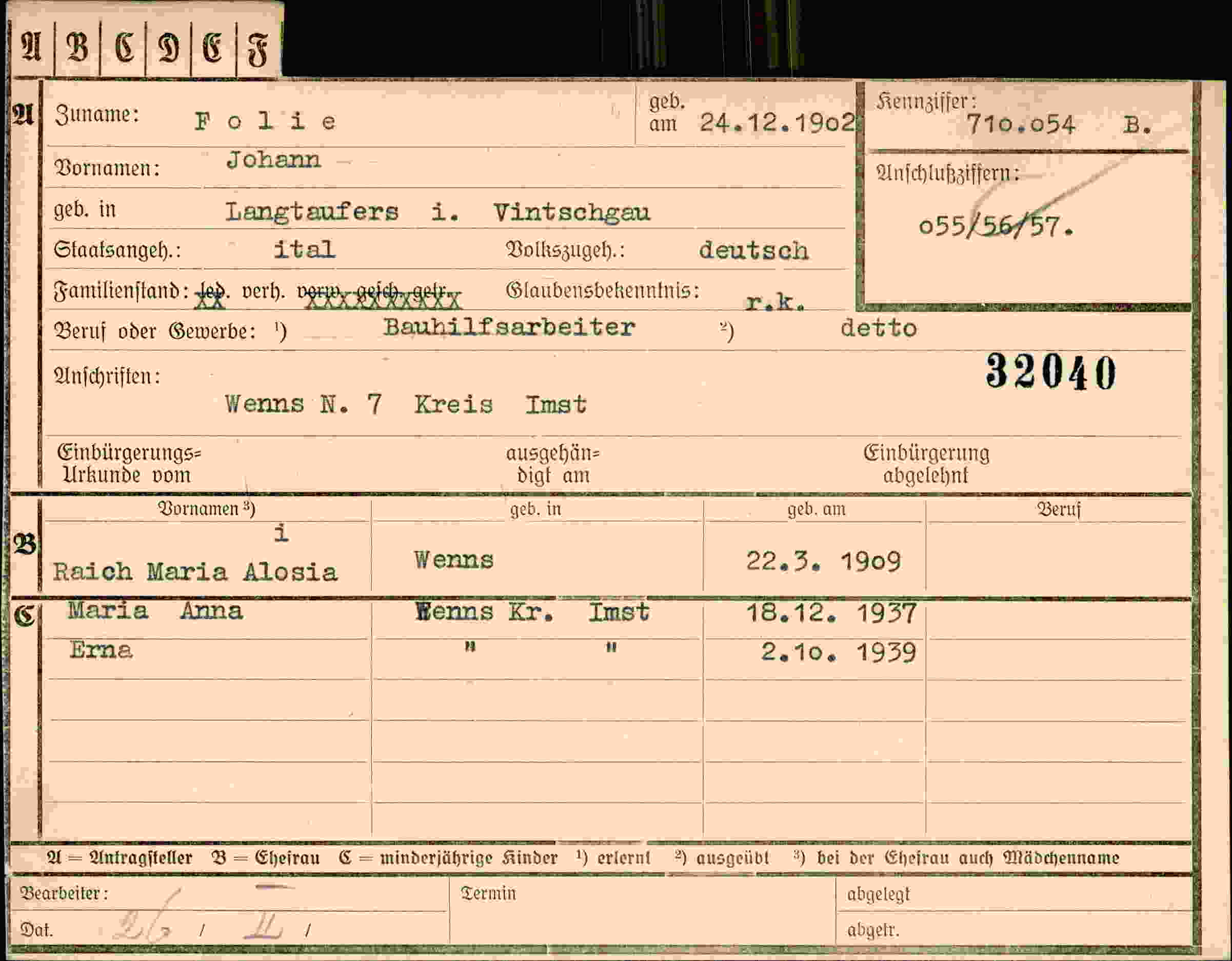 Dokument für Johann Folie