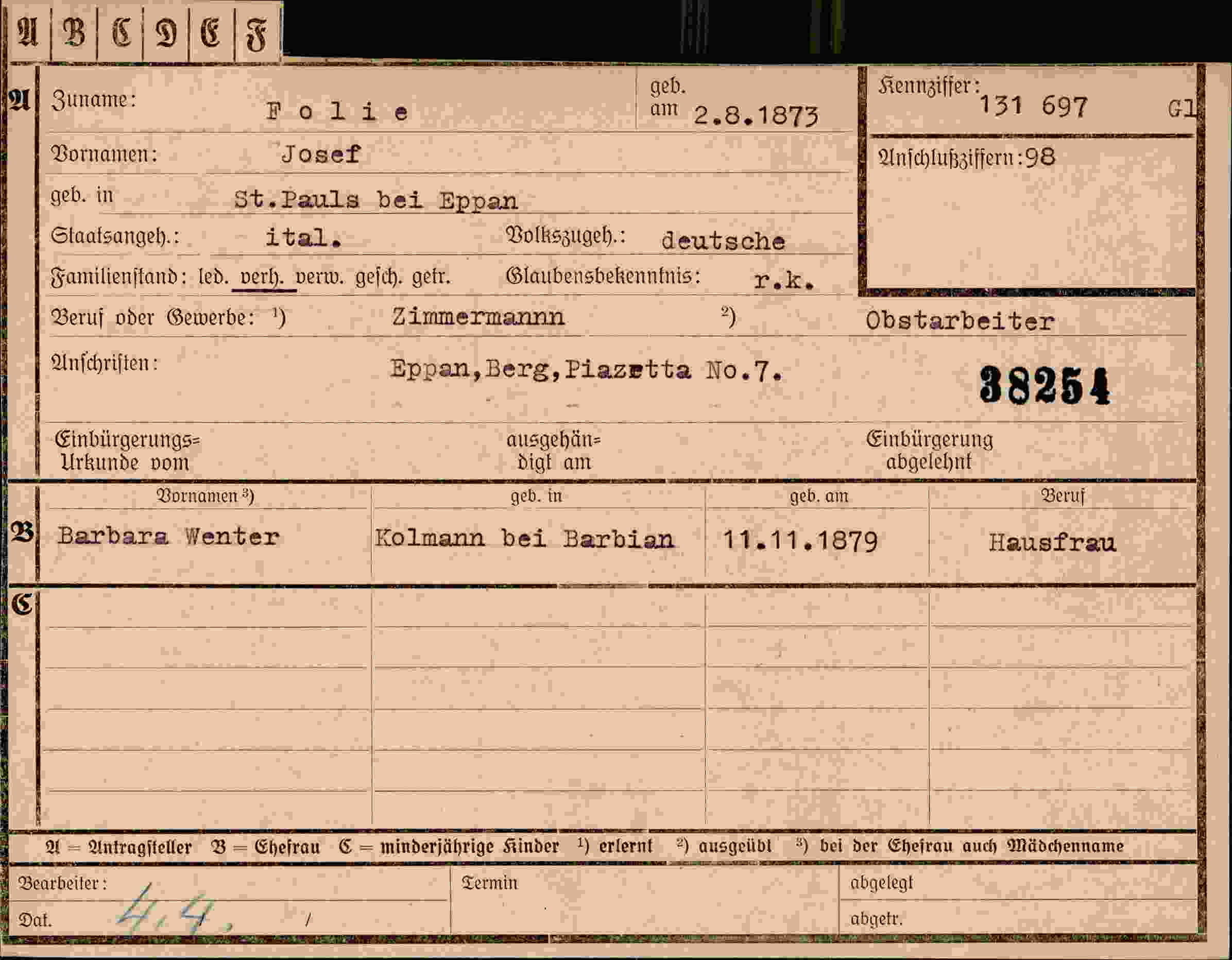 Dokument für Josef Folie