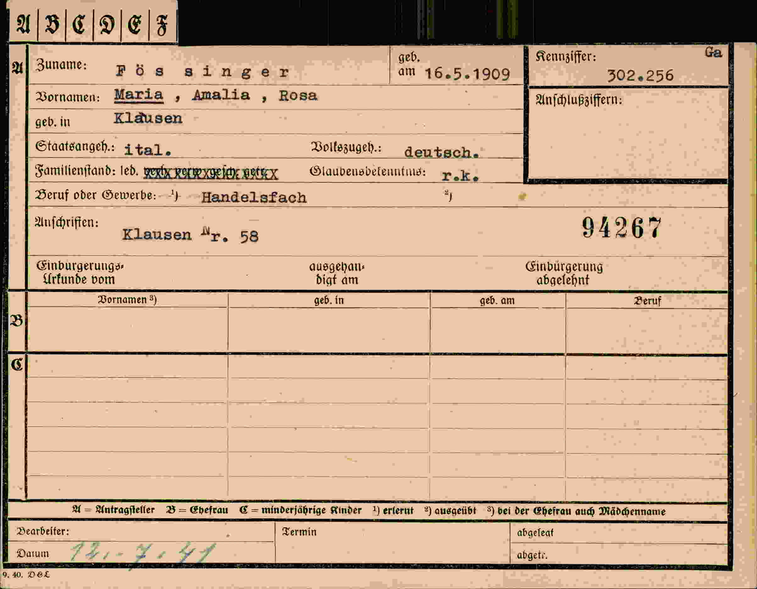 Dokument für Maria Amalia Rosa Fössinger