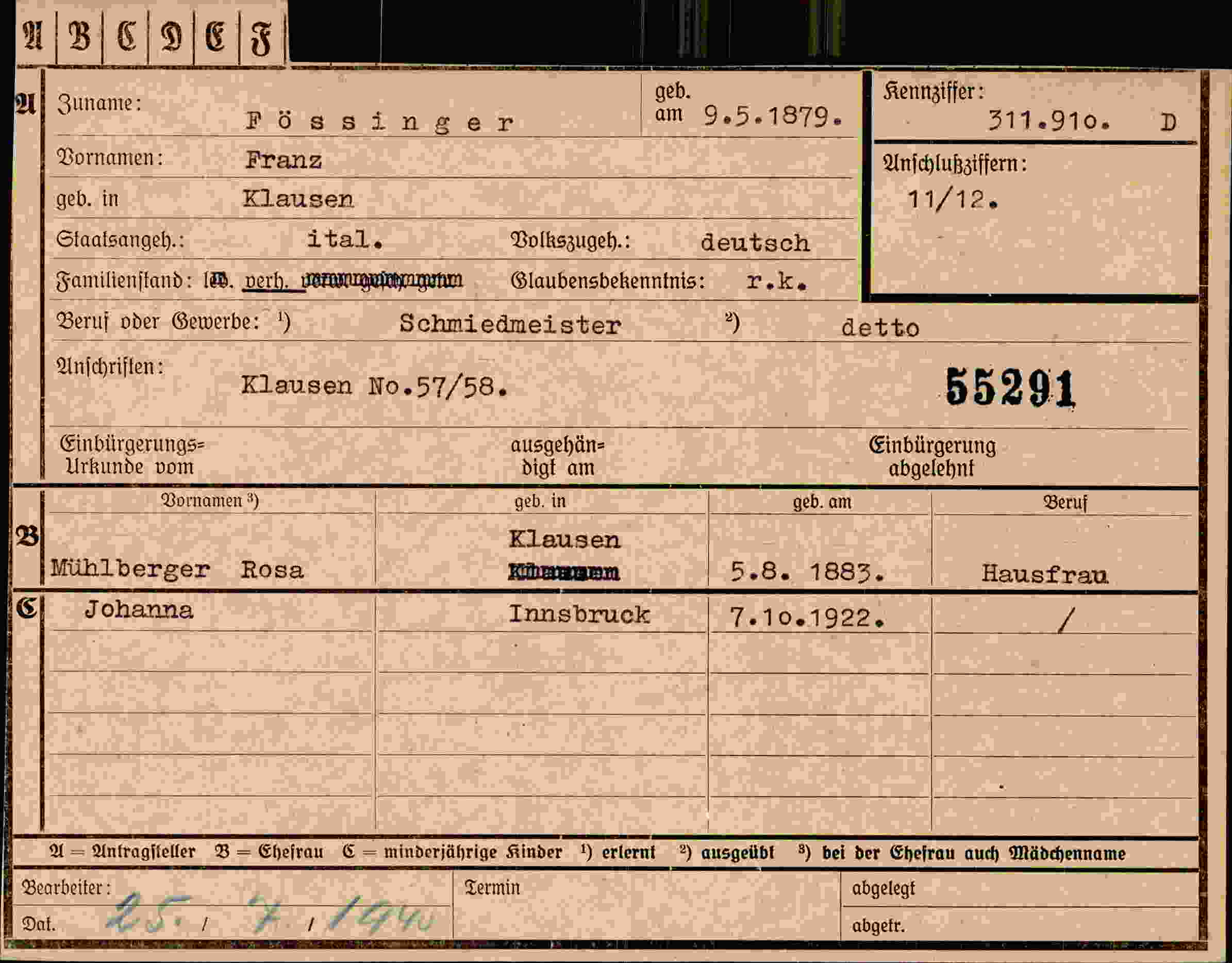 Dokument für Franz Fössinger