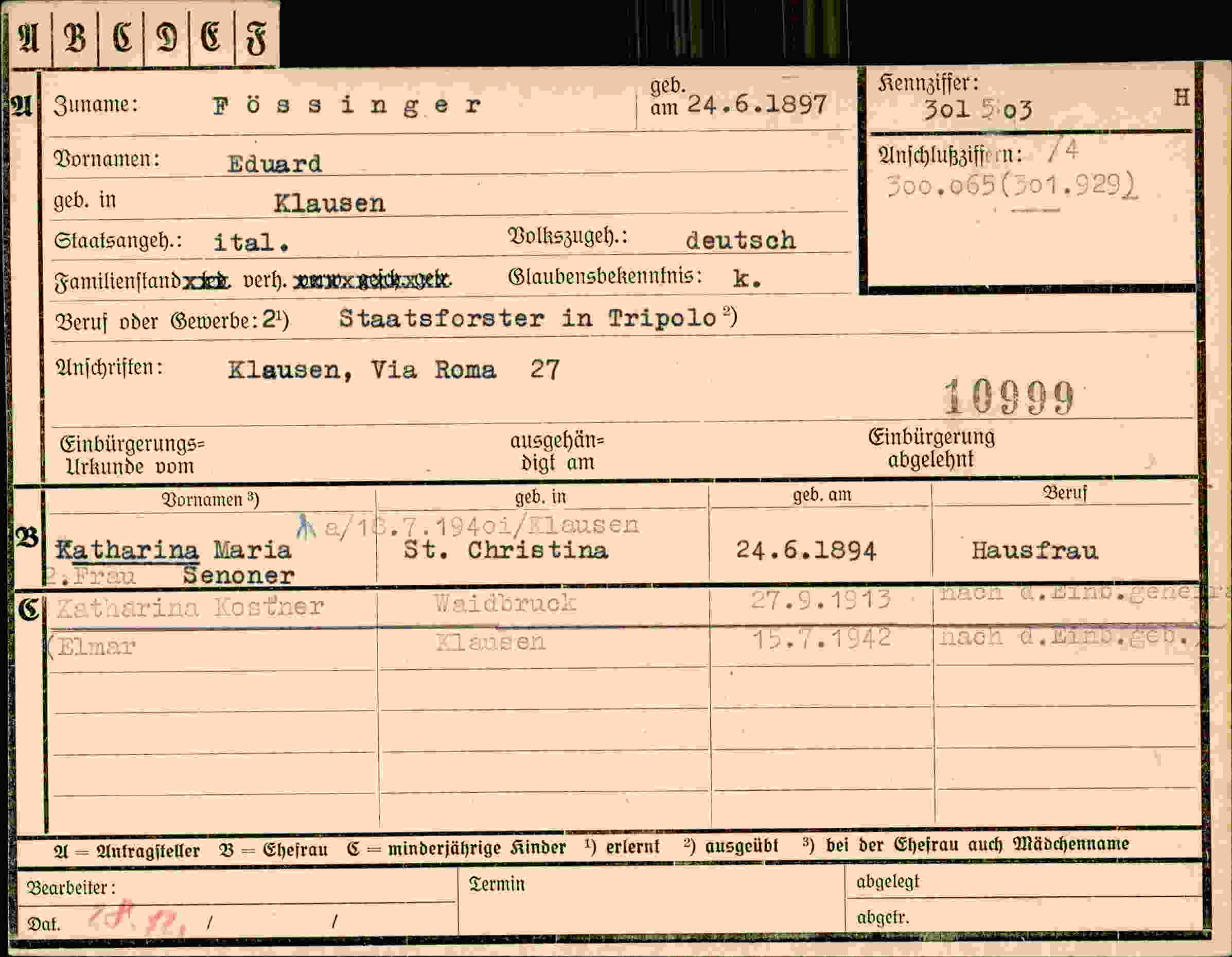 Dokument für Eduard Fössinger