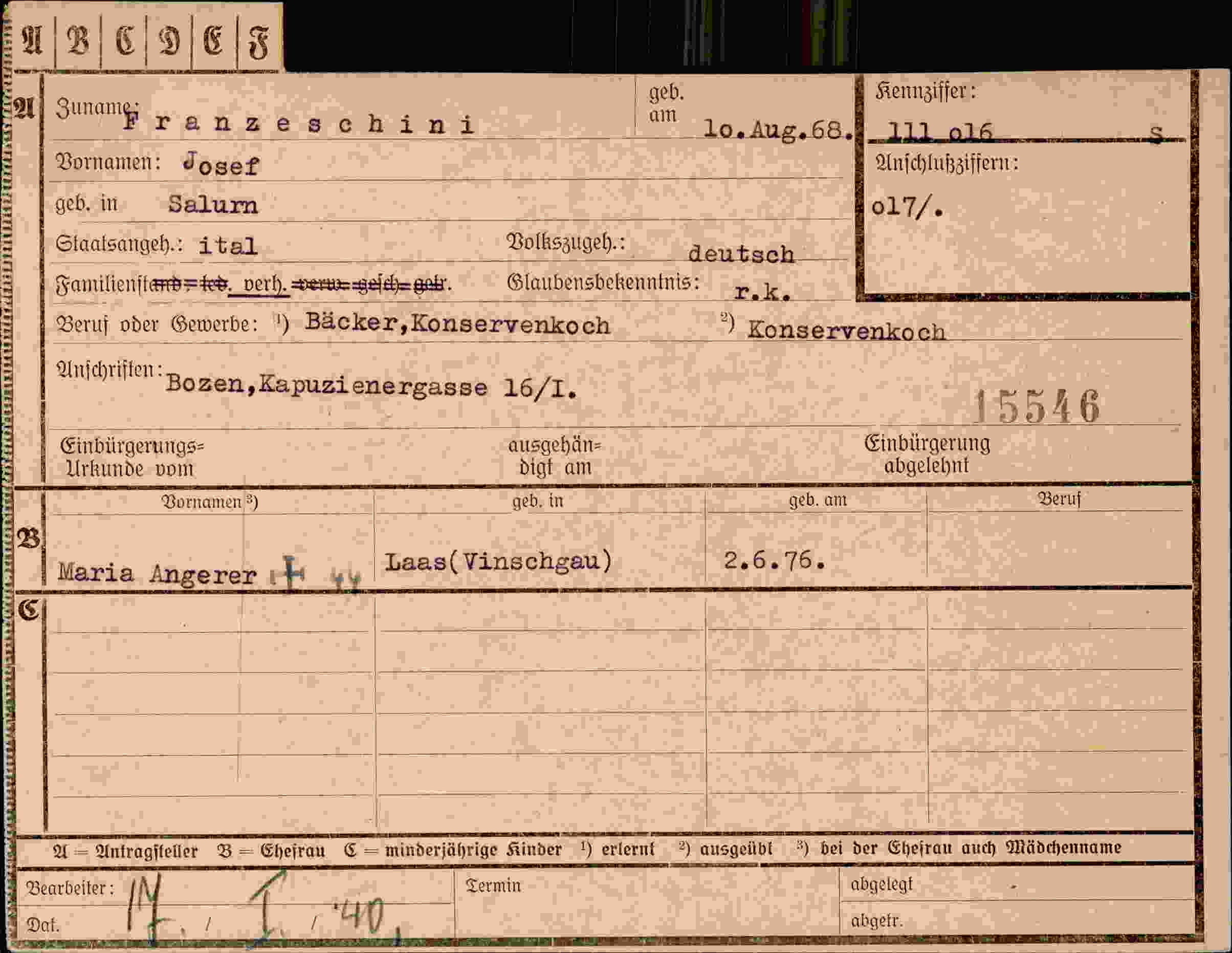 Dokument für Josef Franzeschini