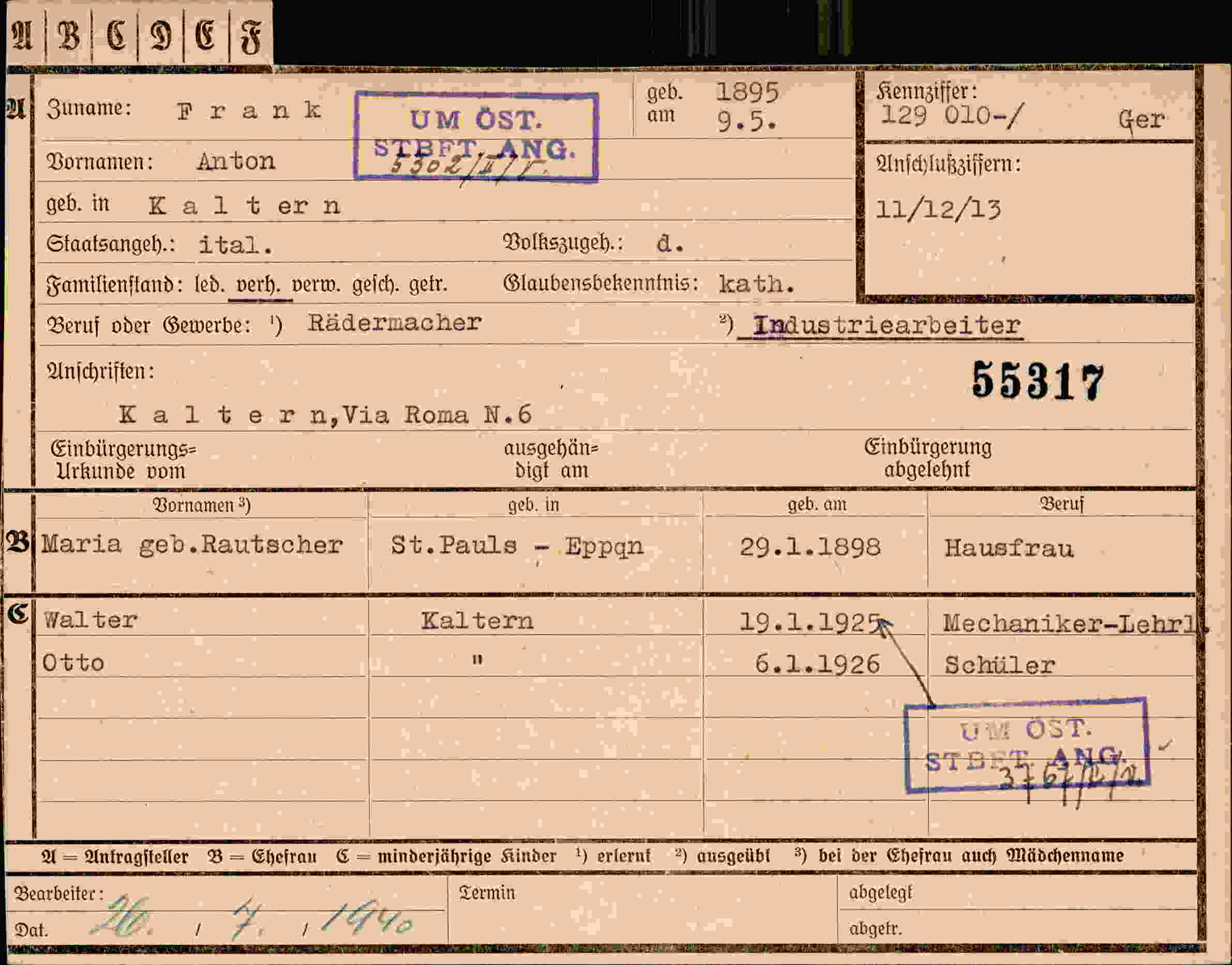 Dokument für Anton Frank