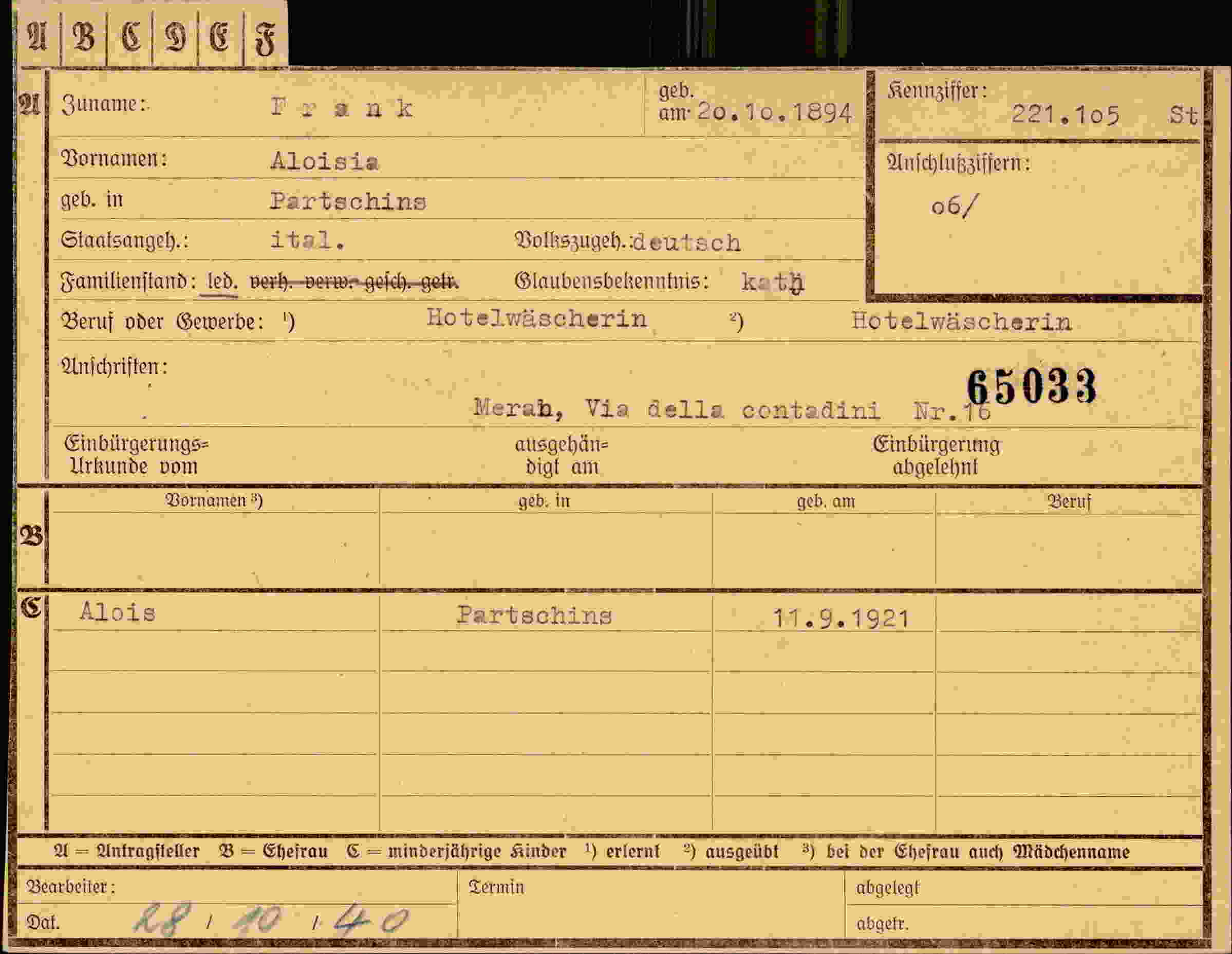 Dokument für Aloisia Frank