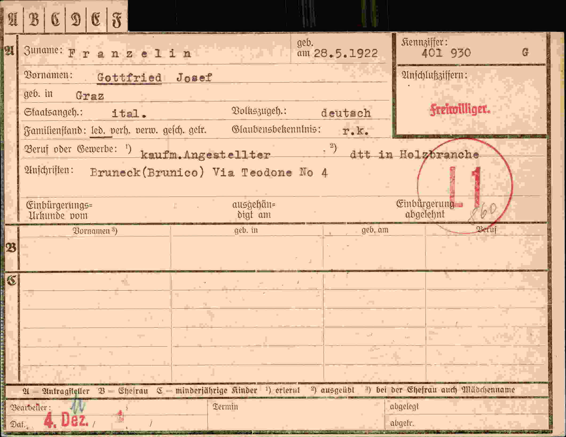 Dokument für Gottfried Josef Franzelin