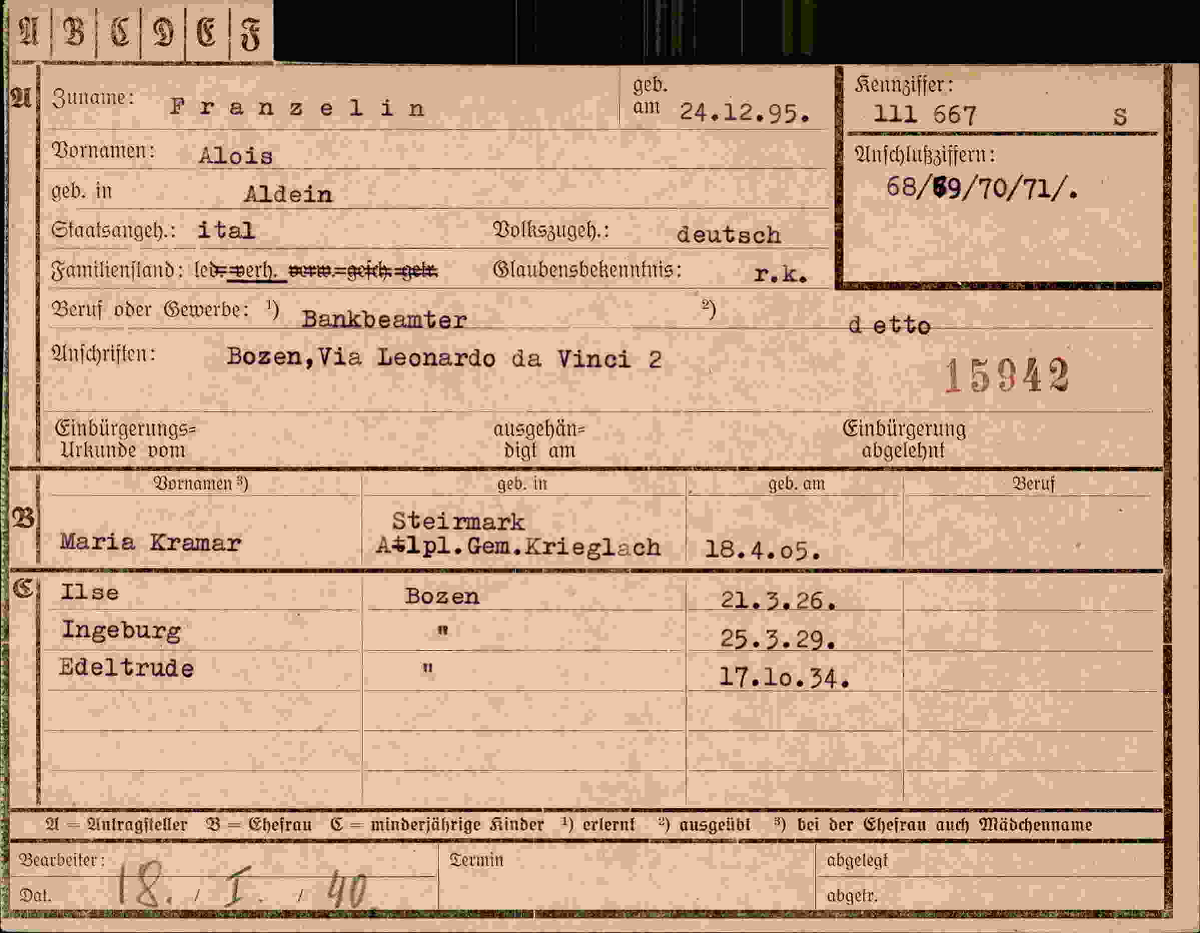 Dokument für Alois Franzelin