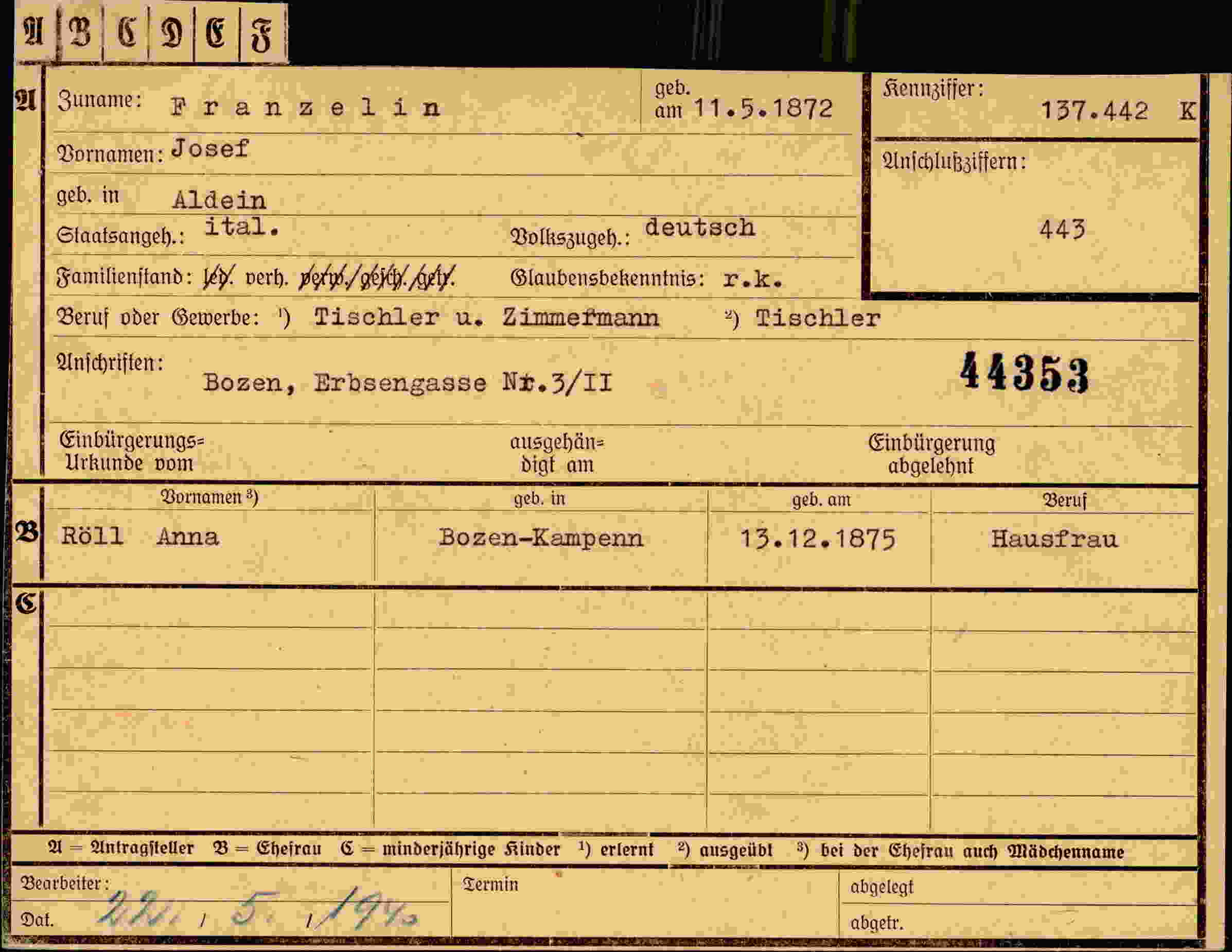 Dokument für Josef Franzelin