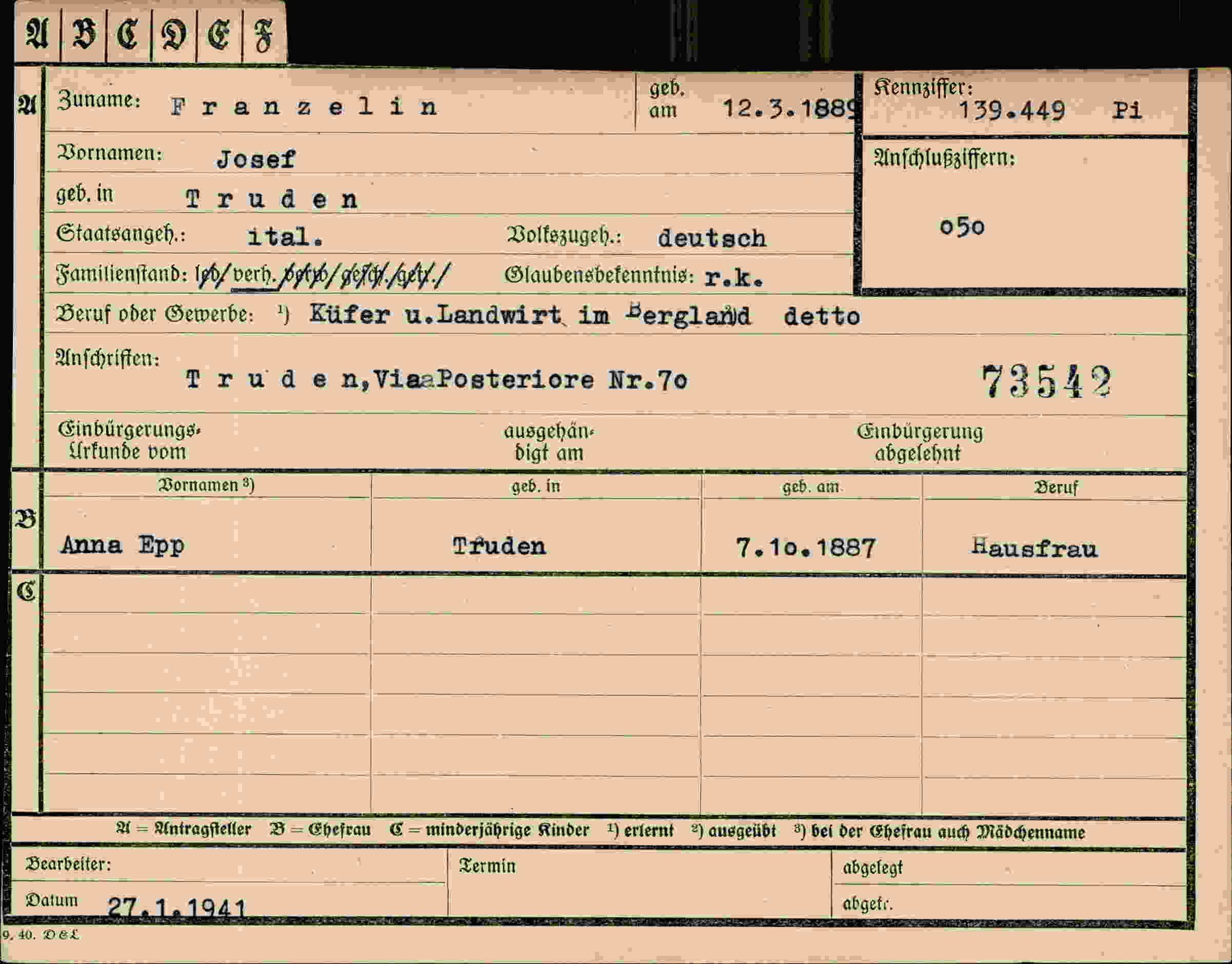 Dokument für Josef Franzelin