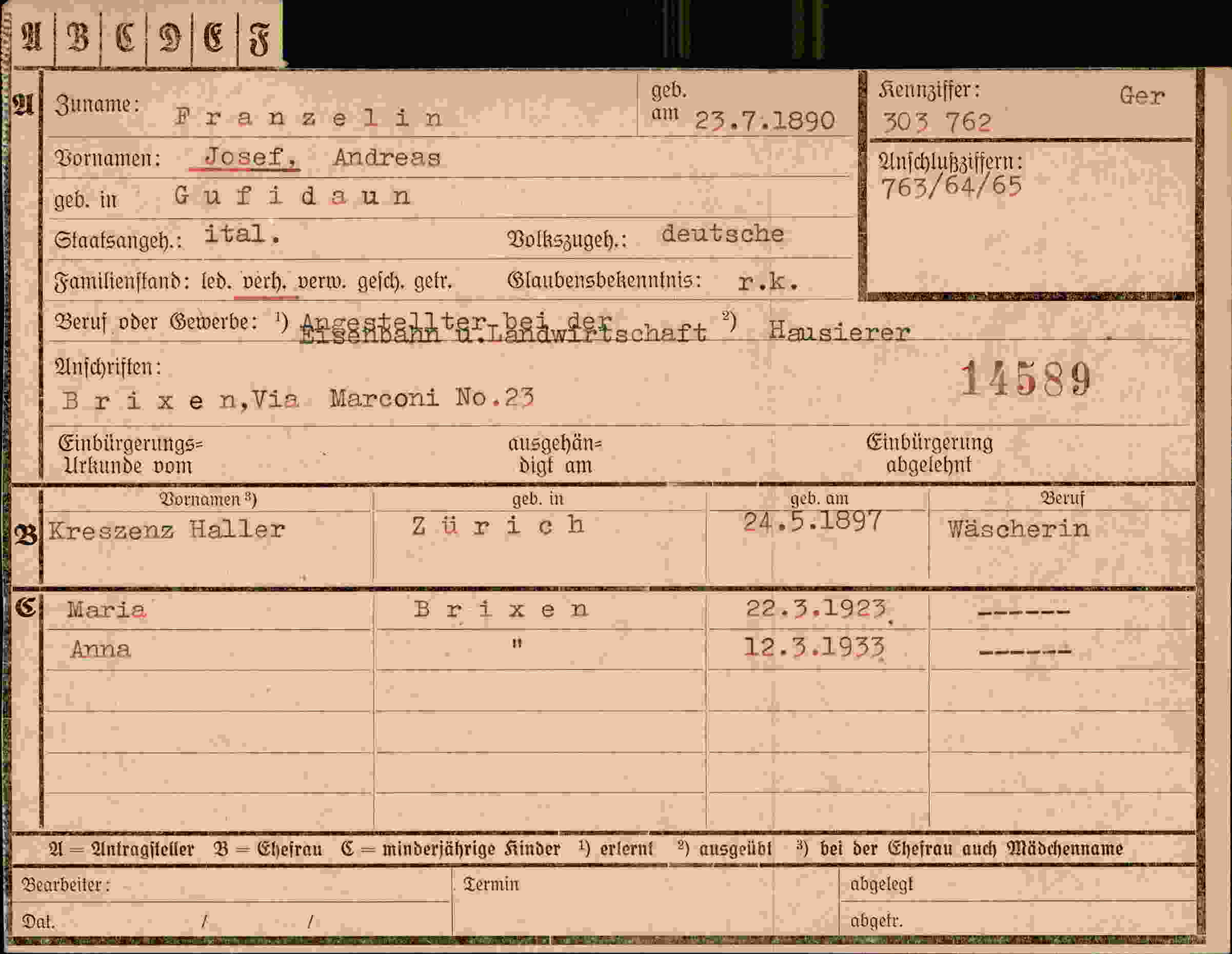 Dokument für Josef Andreas Franzelin
