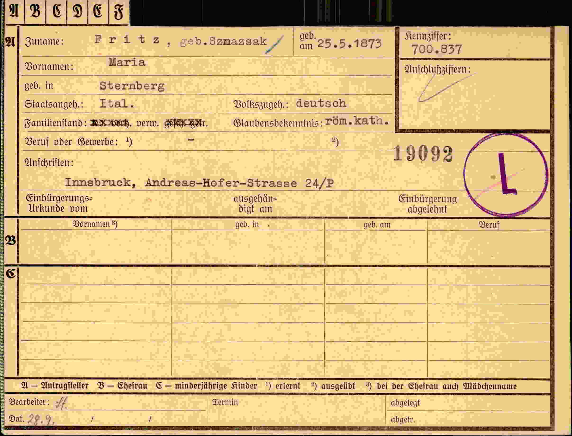 Dokument für Maria Fritz