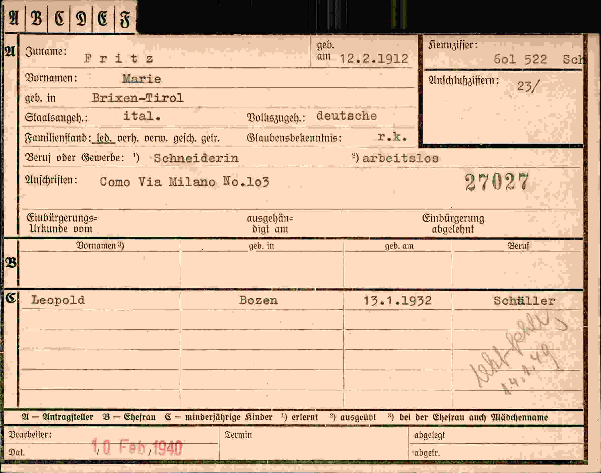 Dokument für Marie Fritz