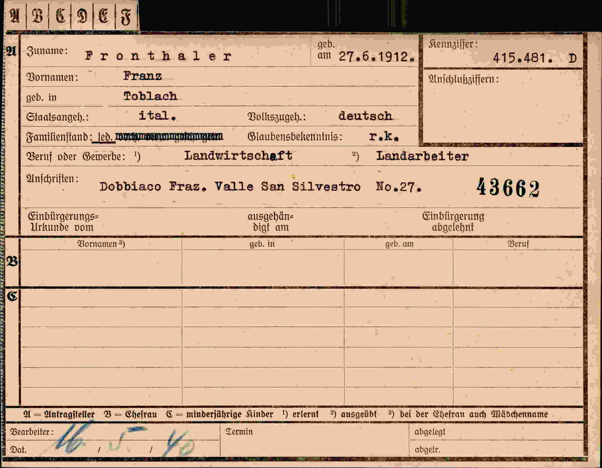 Dokument für Franz Fronthaler