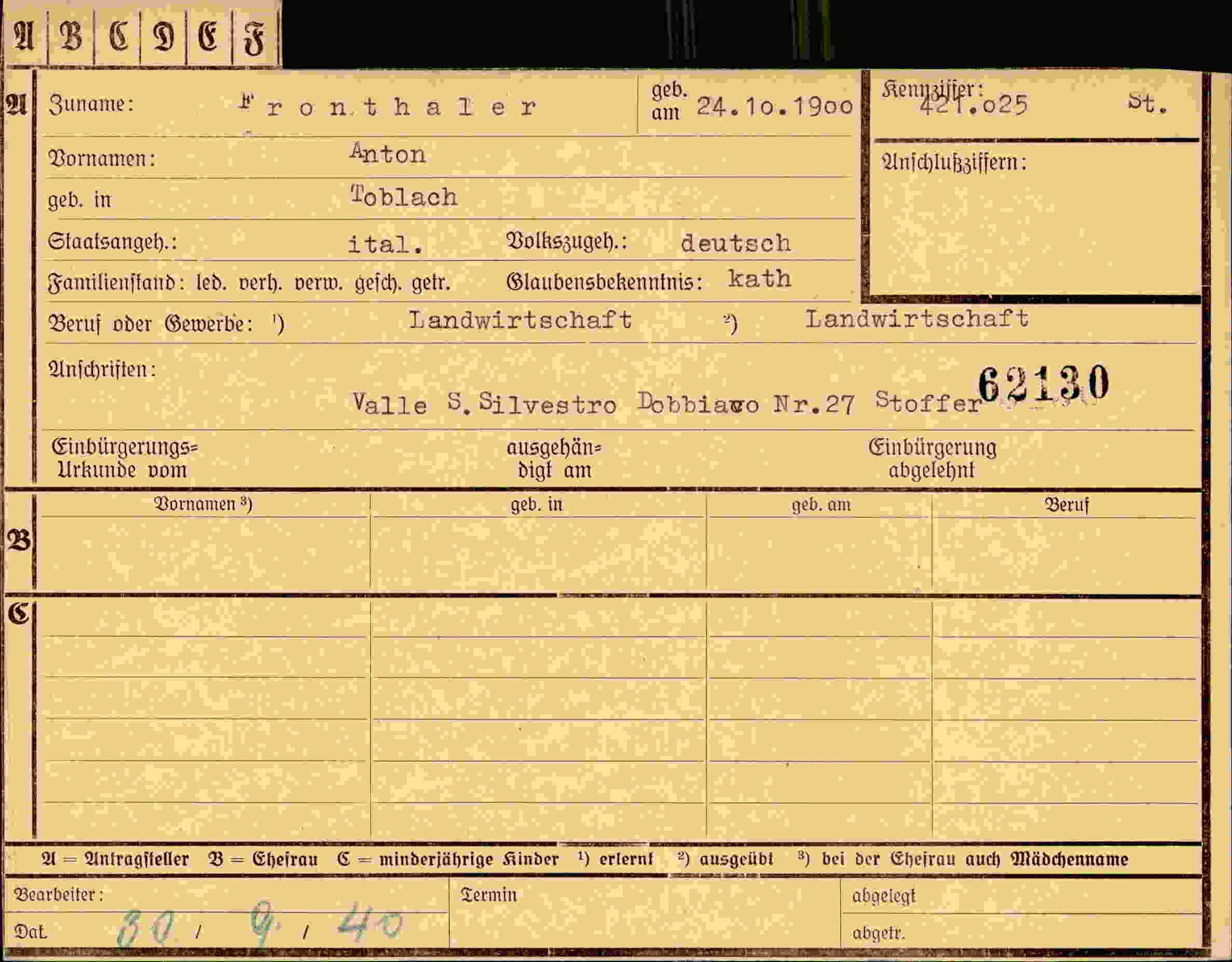 Dokument für Anton Fronthaler