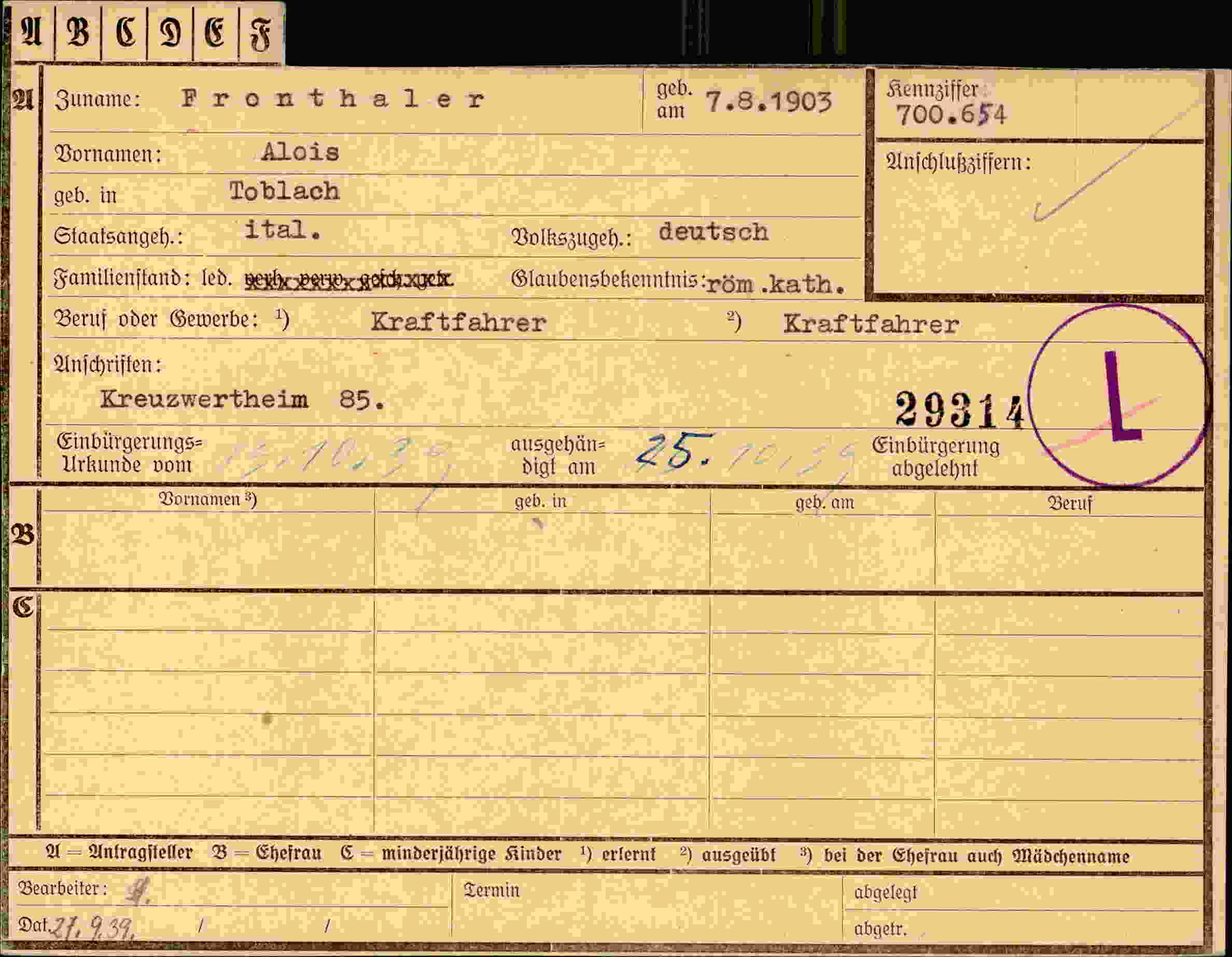 Dokument für Alois Fronthaler