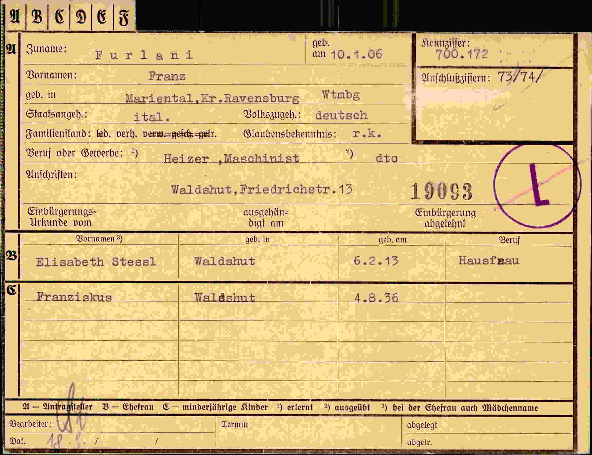 Dokument für Franz Furlani