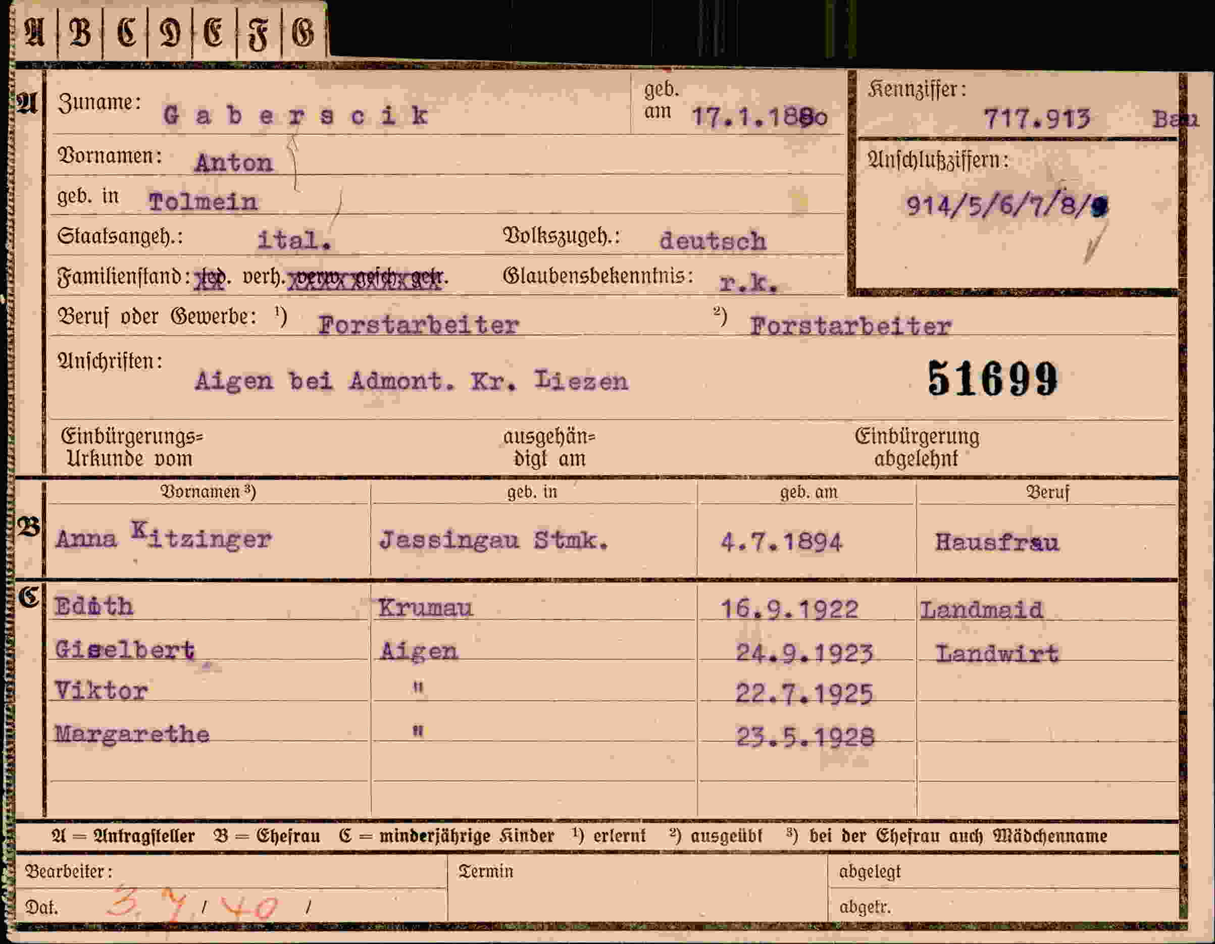 Dokument für Anton Gaberscik