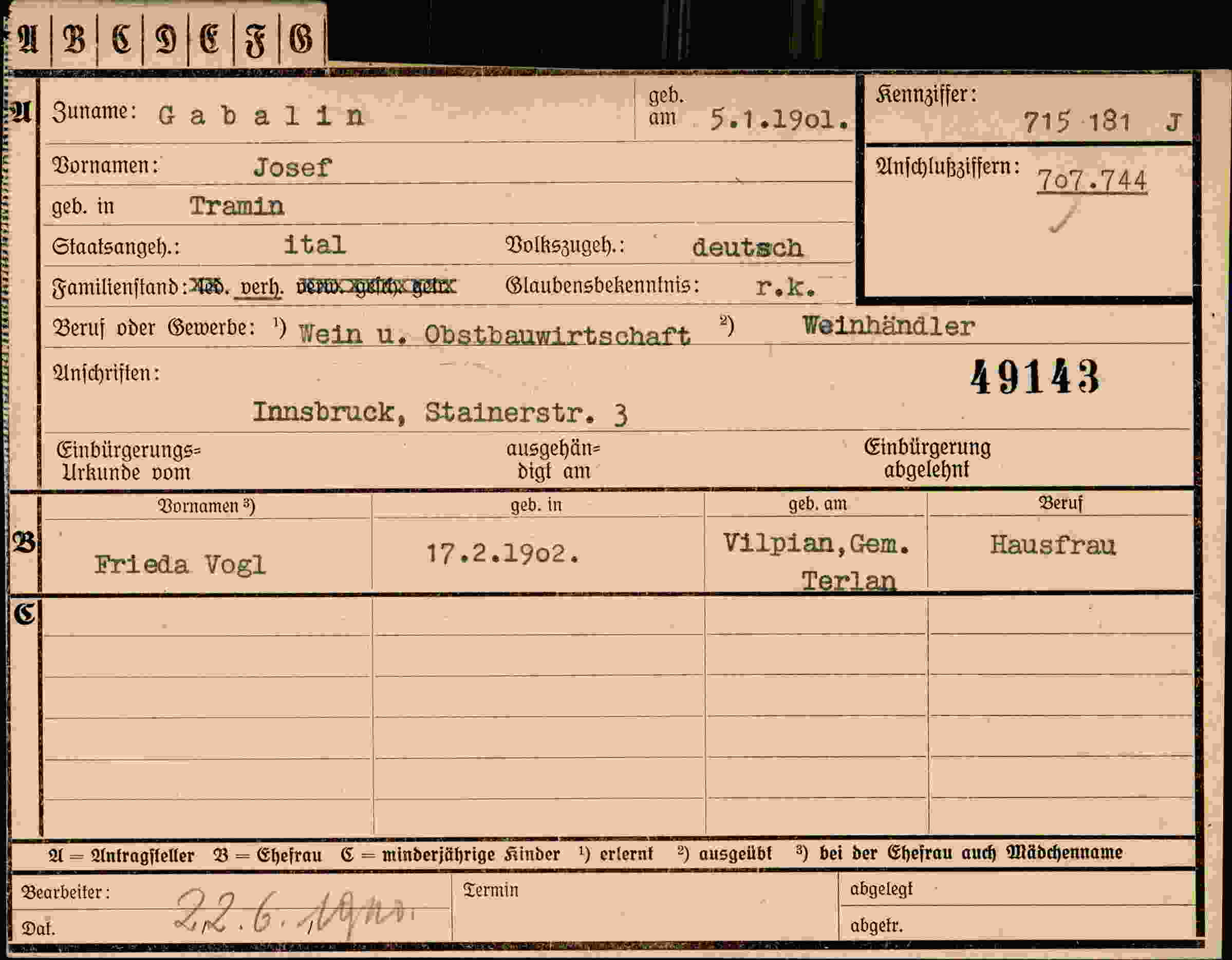 Dokument für Josef Gabalin