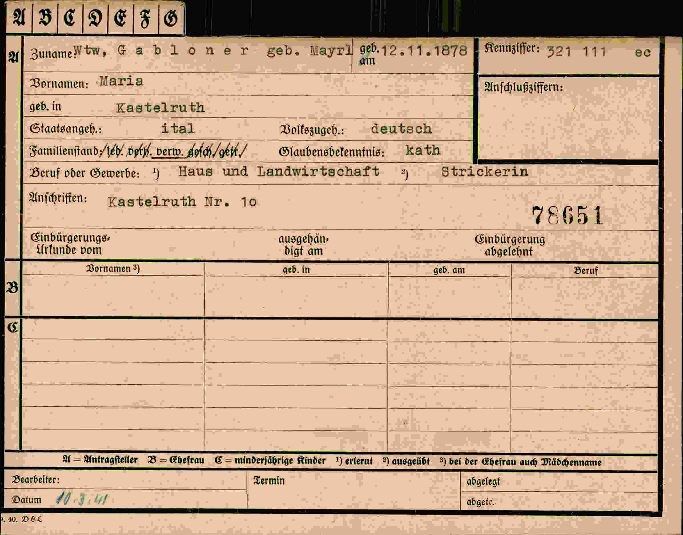 Dokument für Maria Gabloner