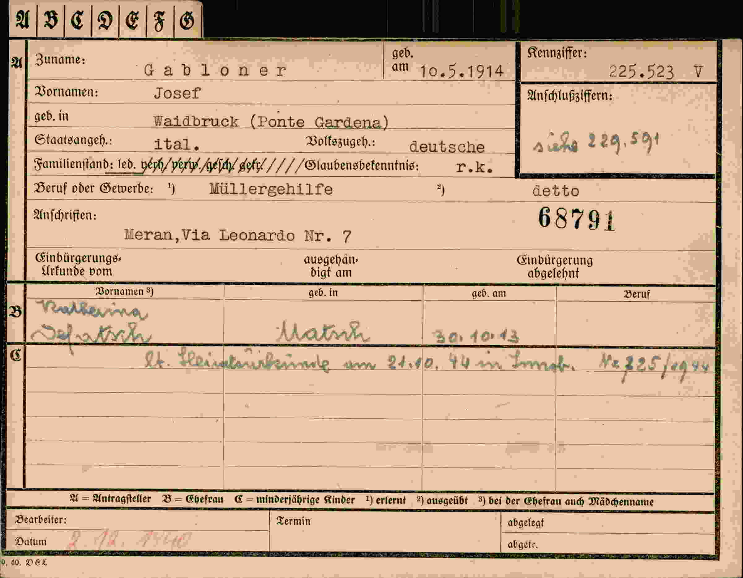 Dokument für Josef Gabloner