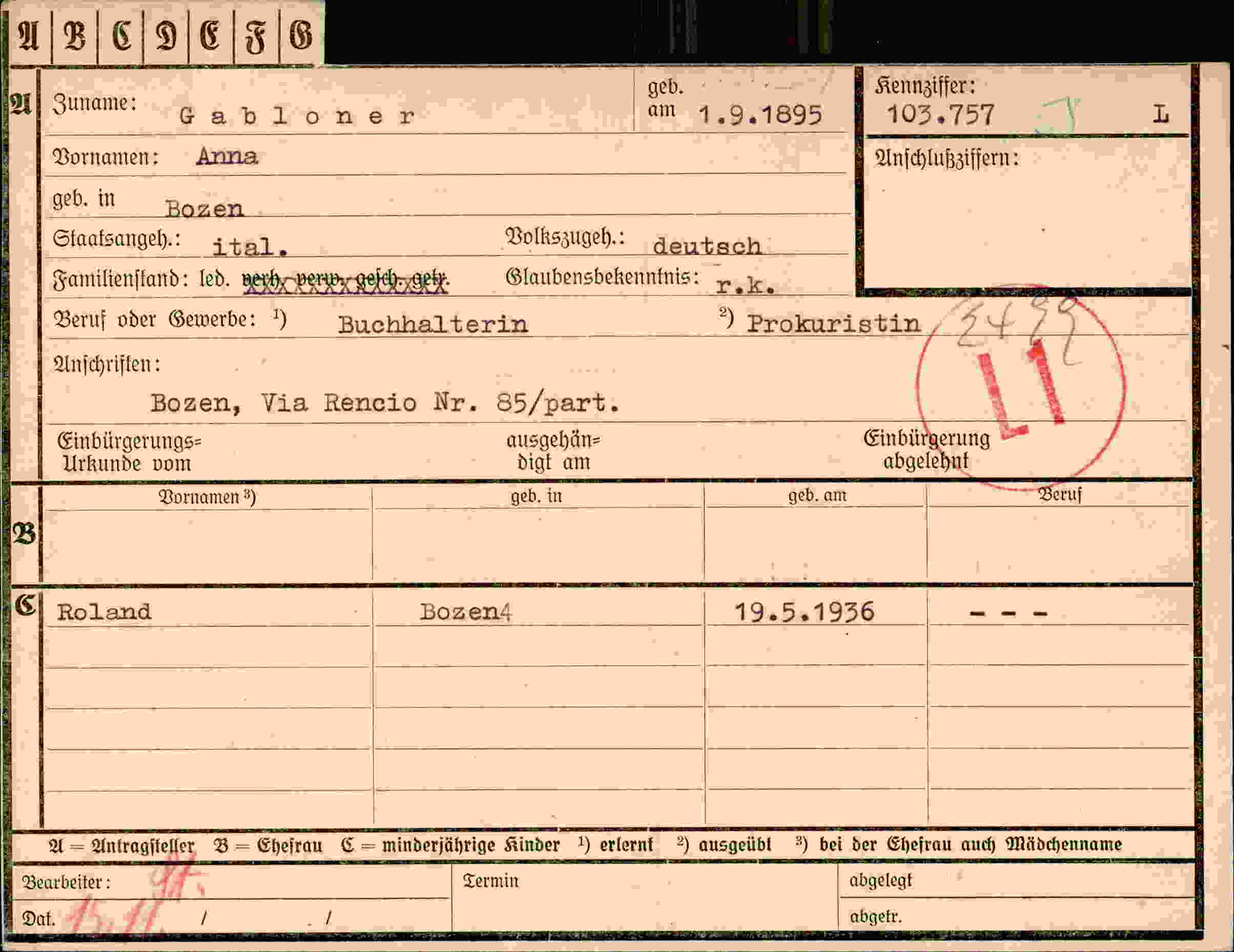 Dokument für Anna Gabloner