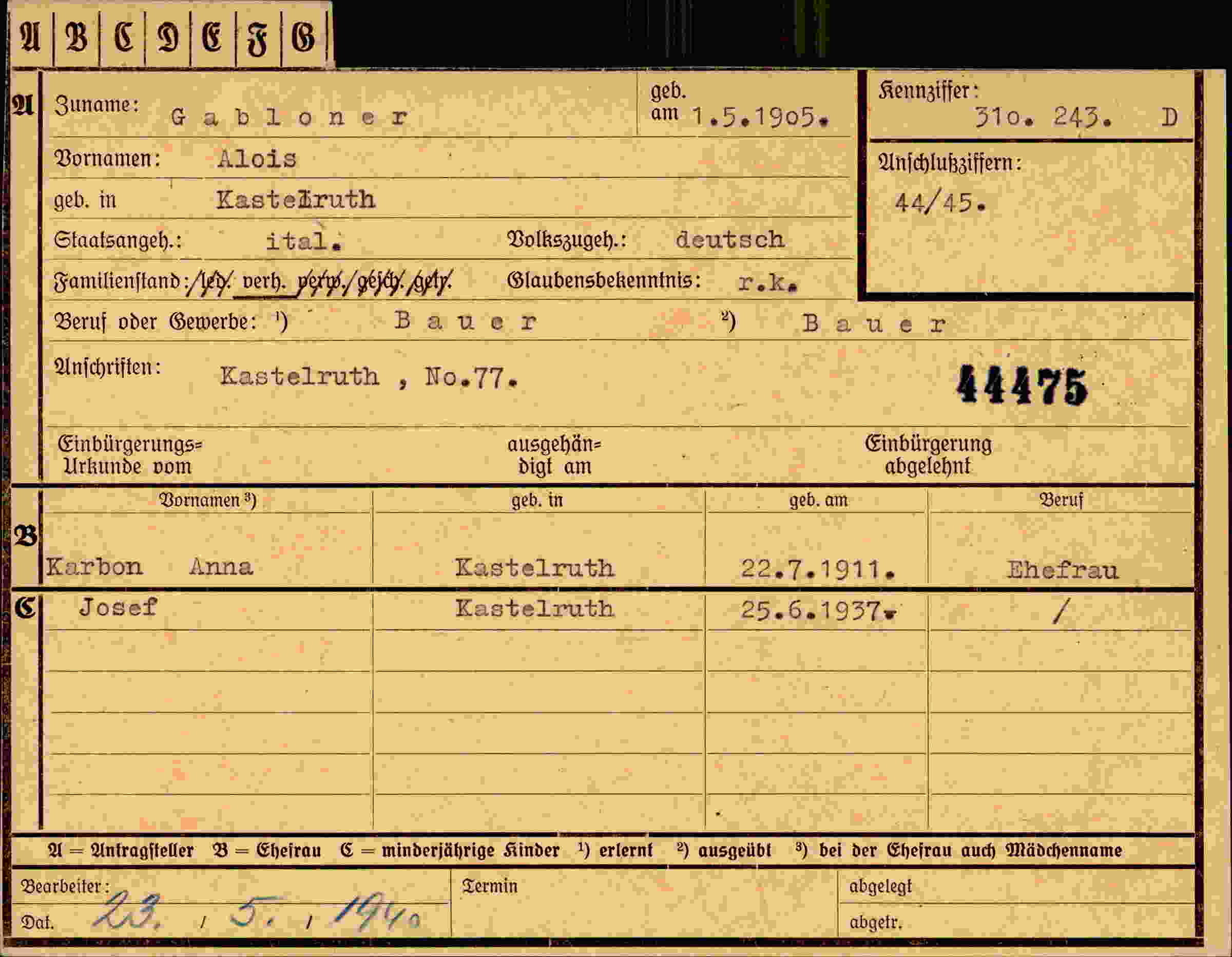 Dokument für Alois Gabloner