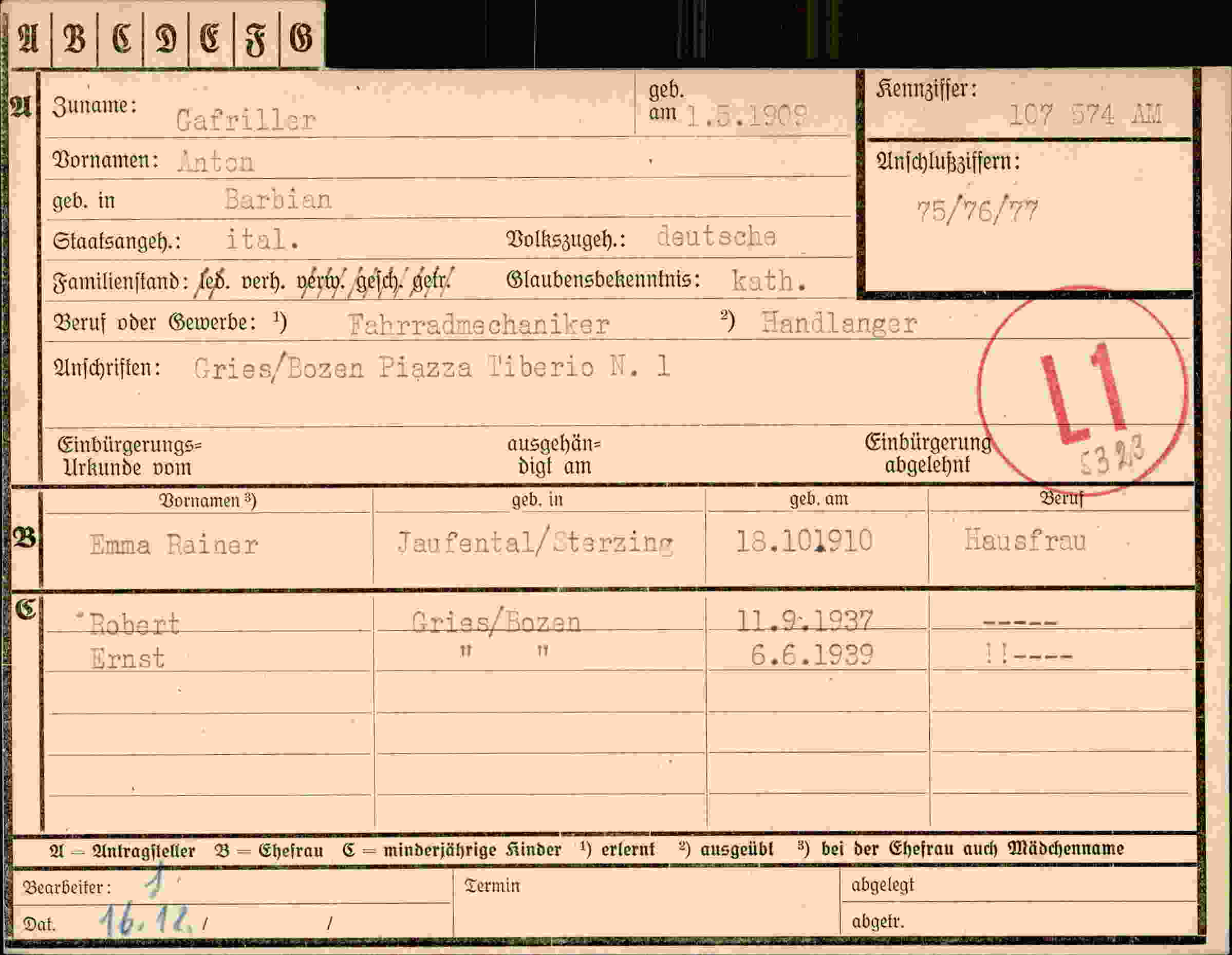 Dokument für Anton Gafriller