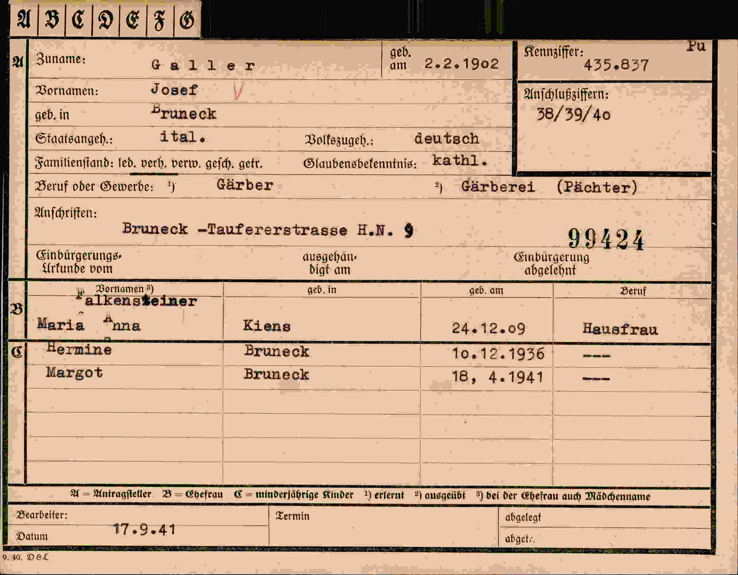 Dokument für Josef Galler
