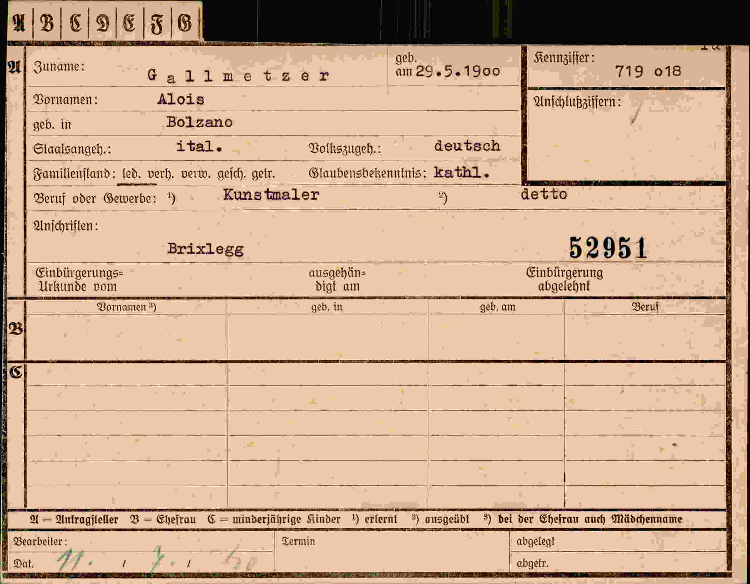 Dokument für Alois Gallmetzer