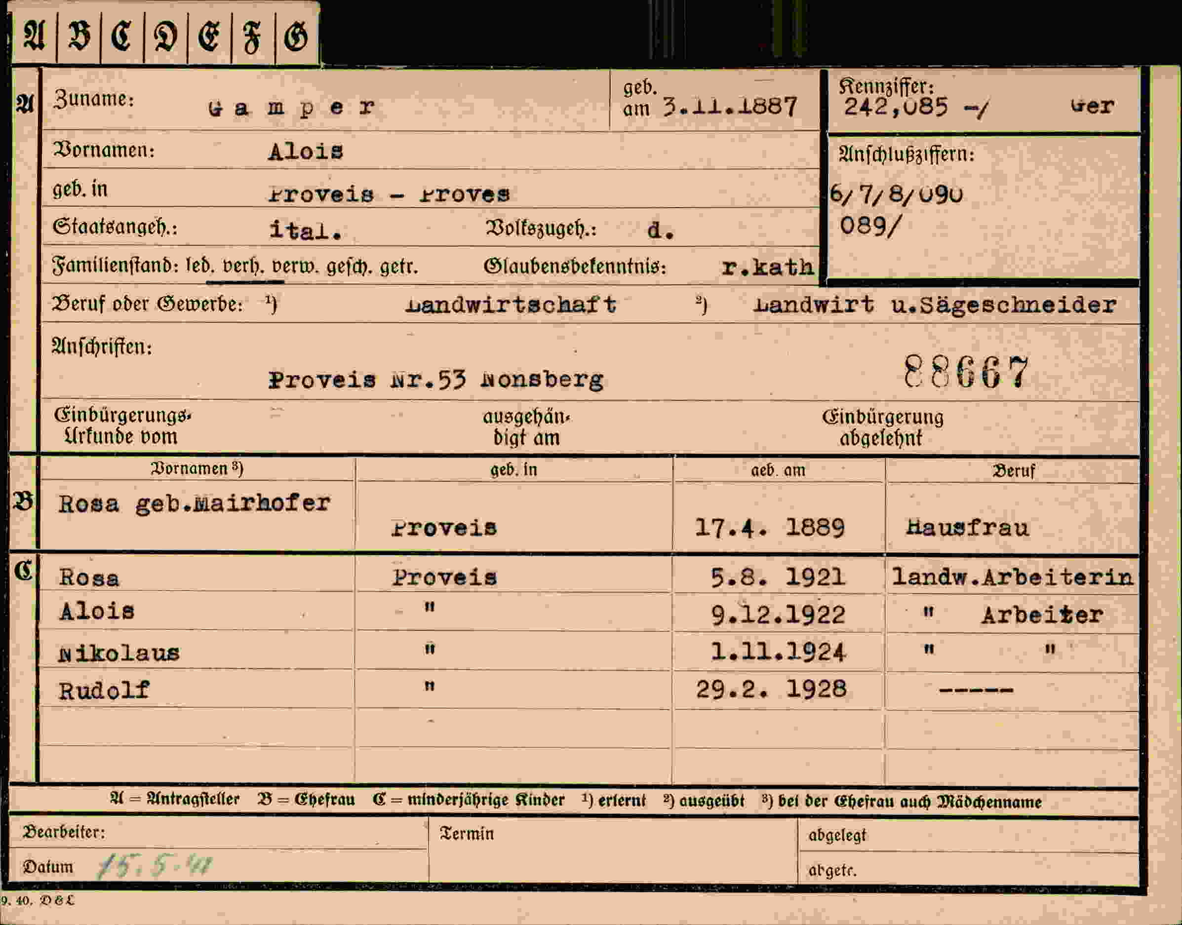 Dokument für Alois Gamper
