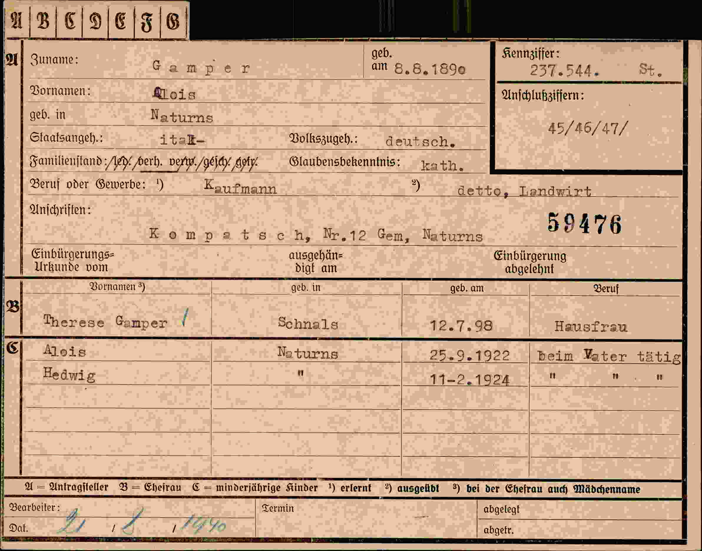 Dokument für Alois Gamper