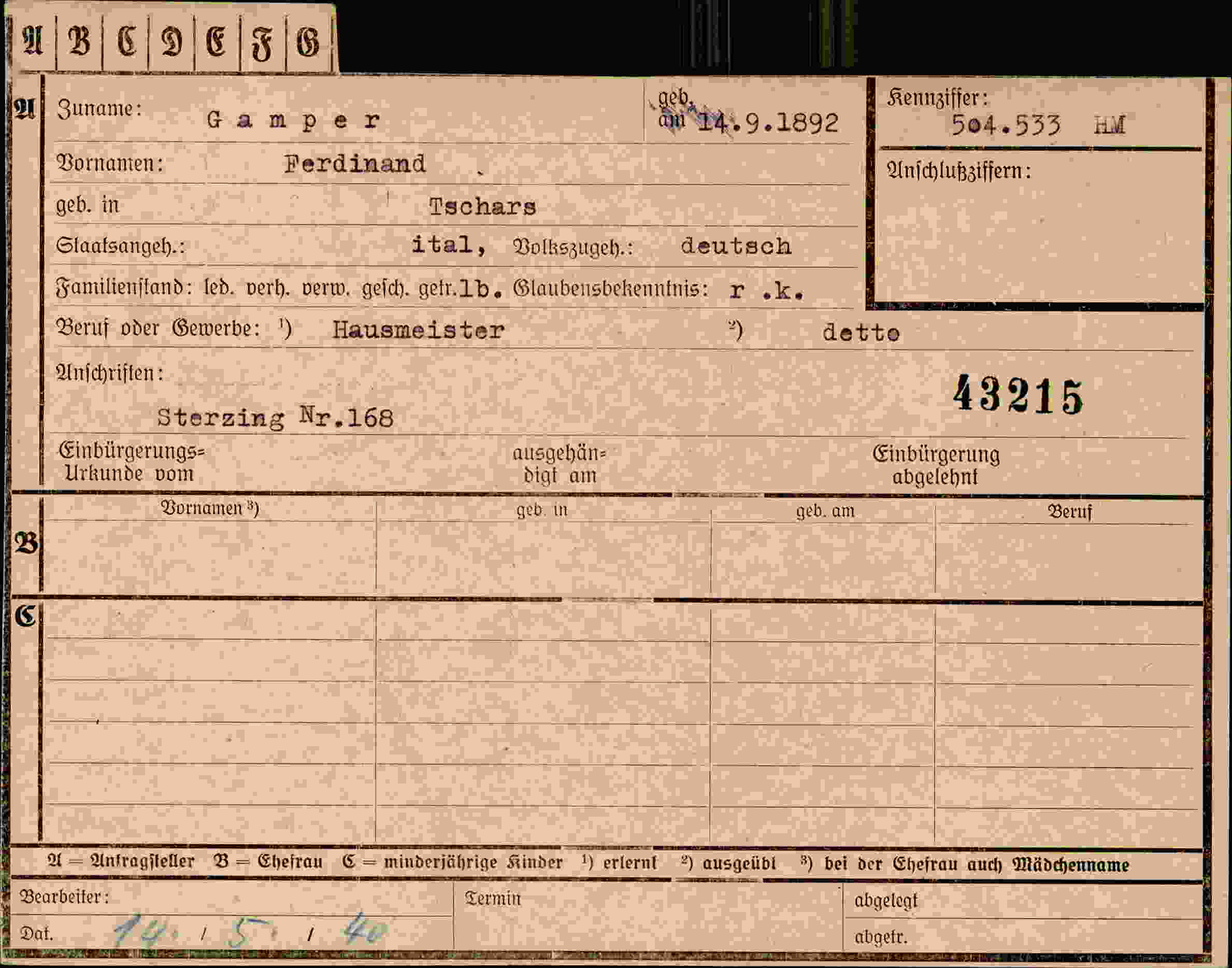 Dokument für Ferdinand Gamper