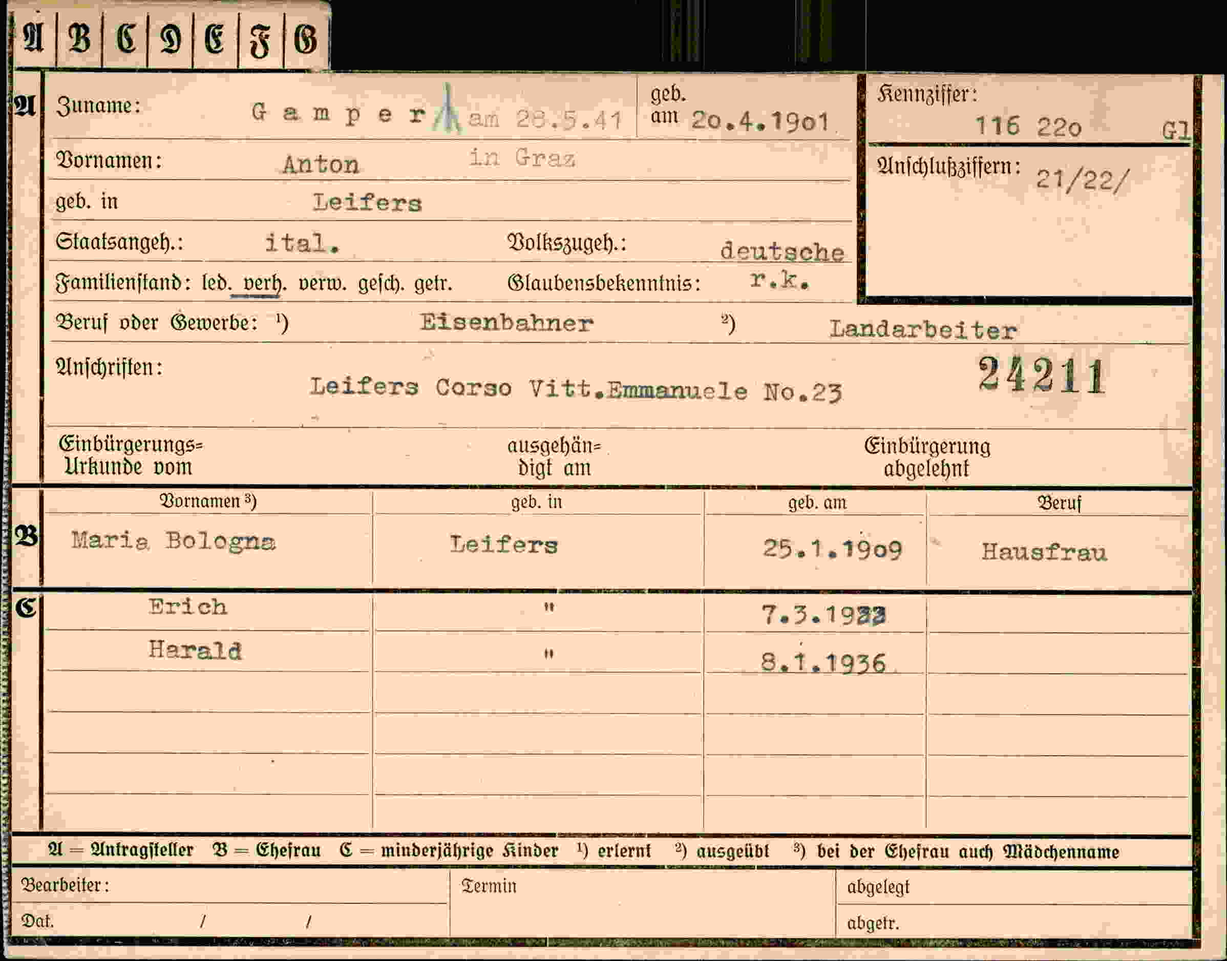 Dokument für Anton Gamper