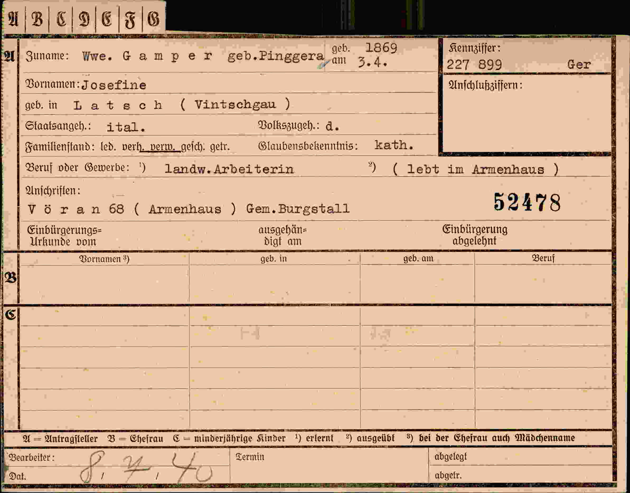 Dokument für Josefine Gamper