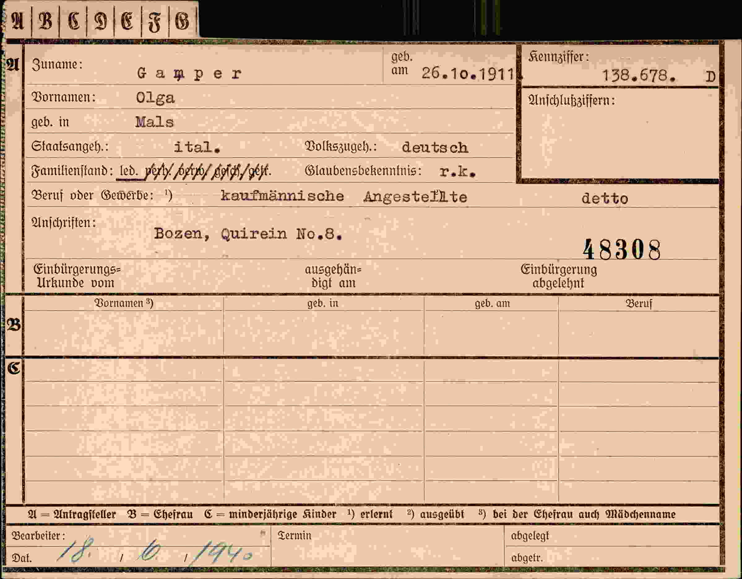 Dokument für Olga Gamper