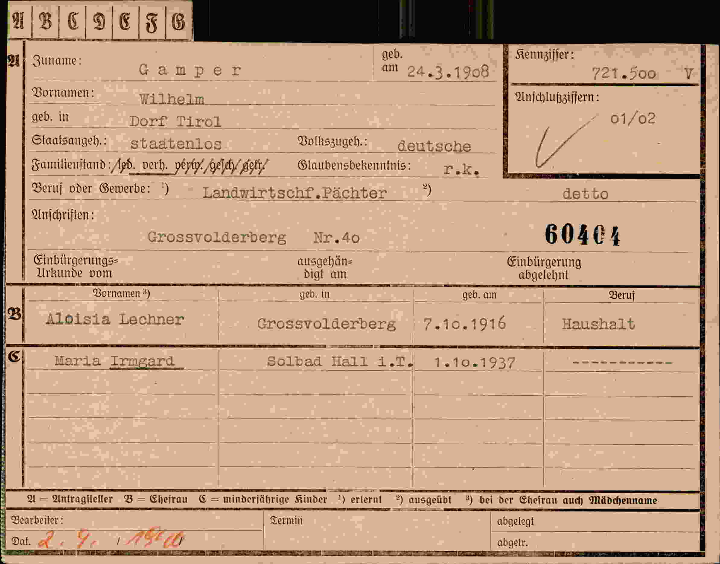 Dokument für Wilhelm Gamper