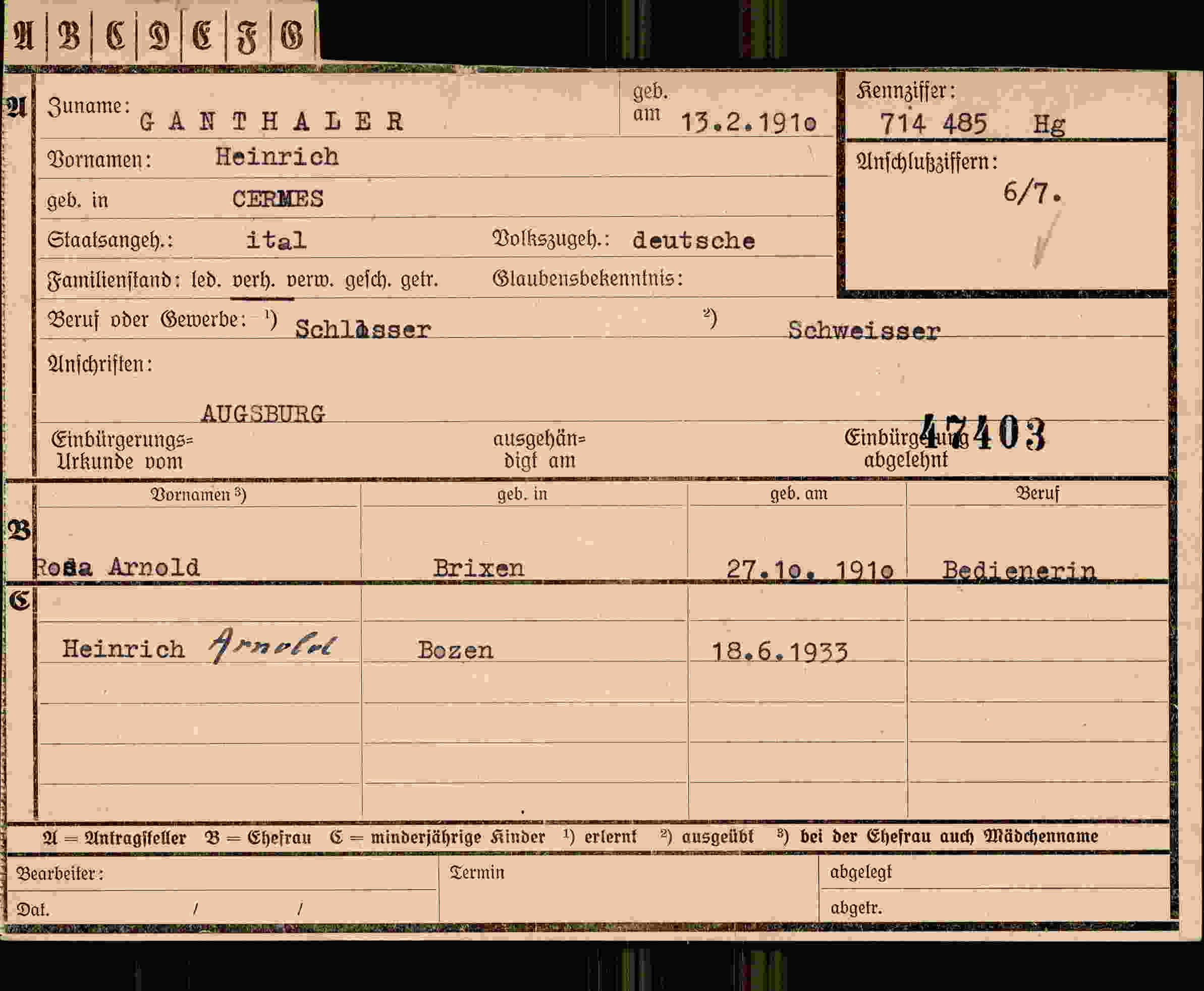 Dokument für Heinrich Ganthaler