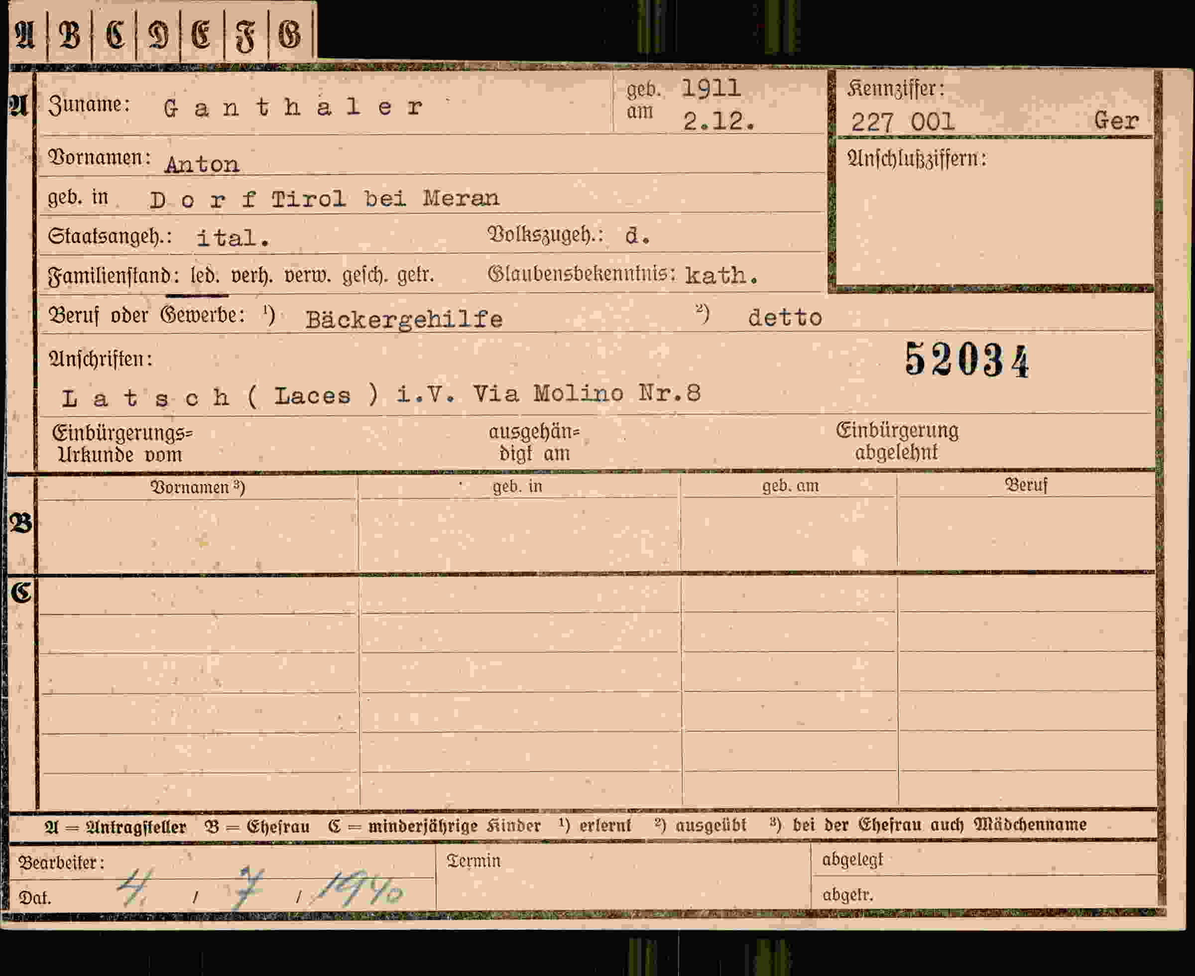 Dokument für Anton Ganthaler