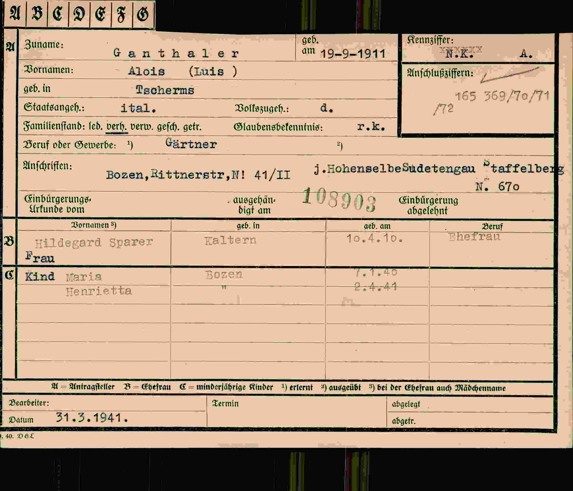 Dokument für Alois Ganthaler