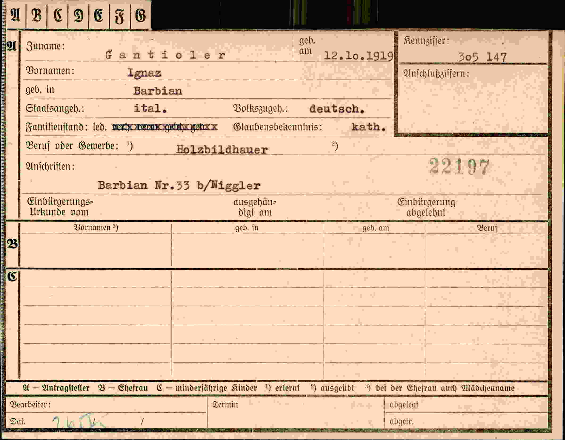 Dokument für Ignaz Gantioler