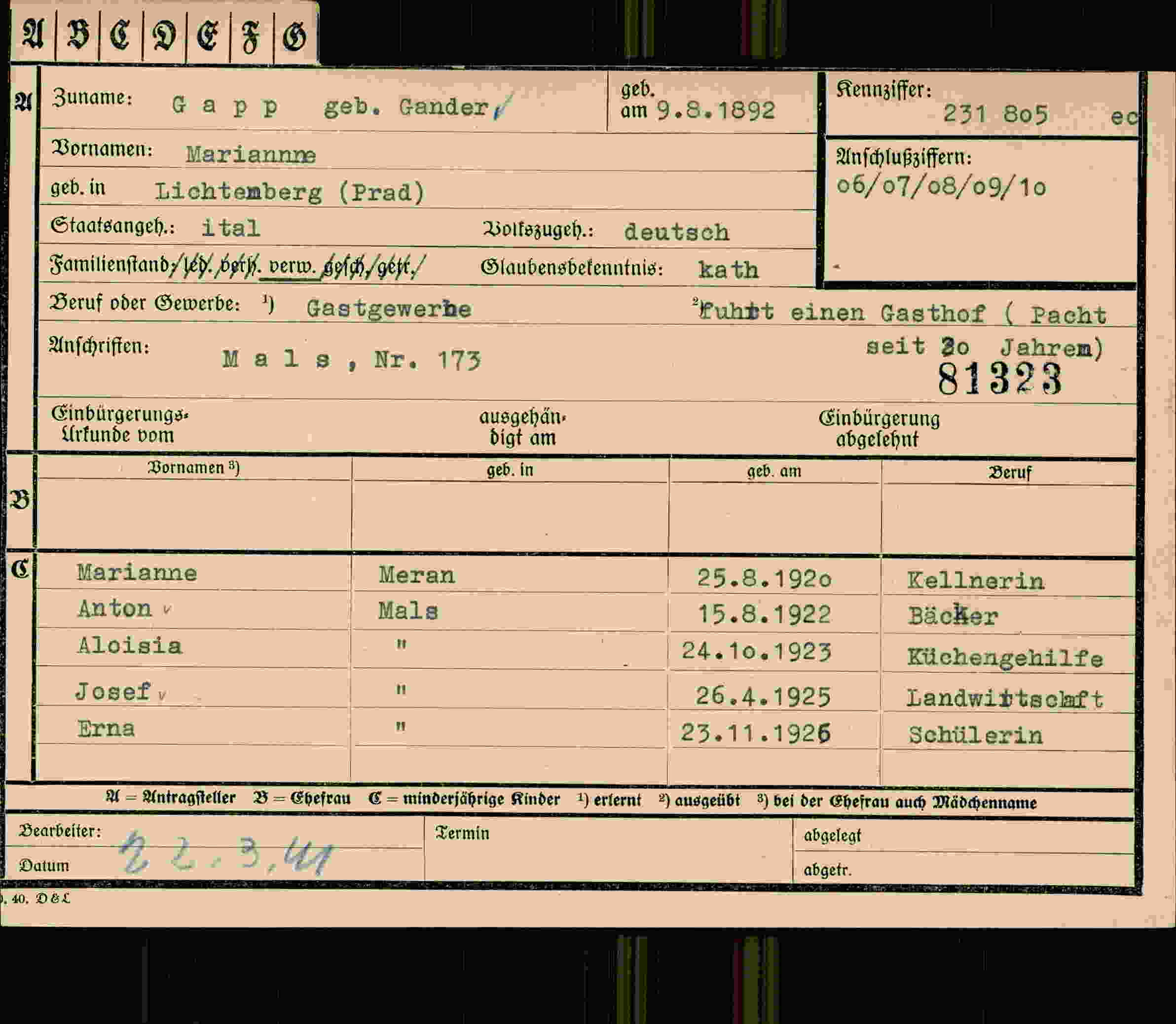 Dokument für Mariannne Gapp